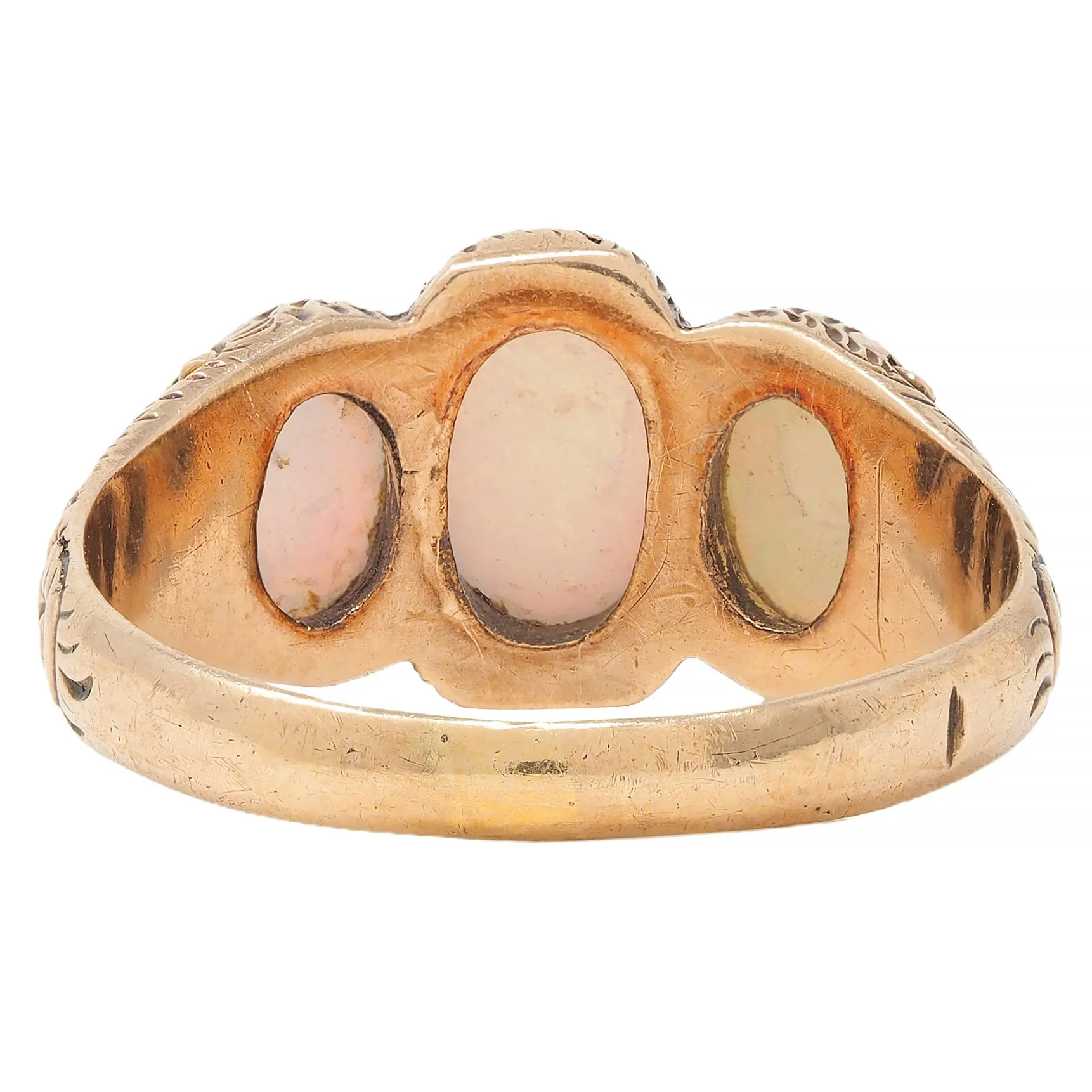 Victorian Opal Cabochon 14 Karat Rose Gold Antique Three Stone Floral Band Ring - Image 4