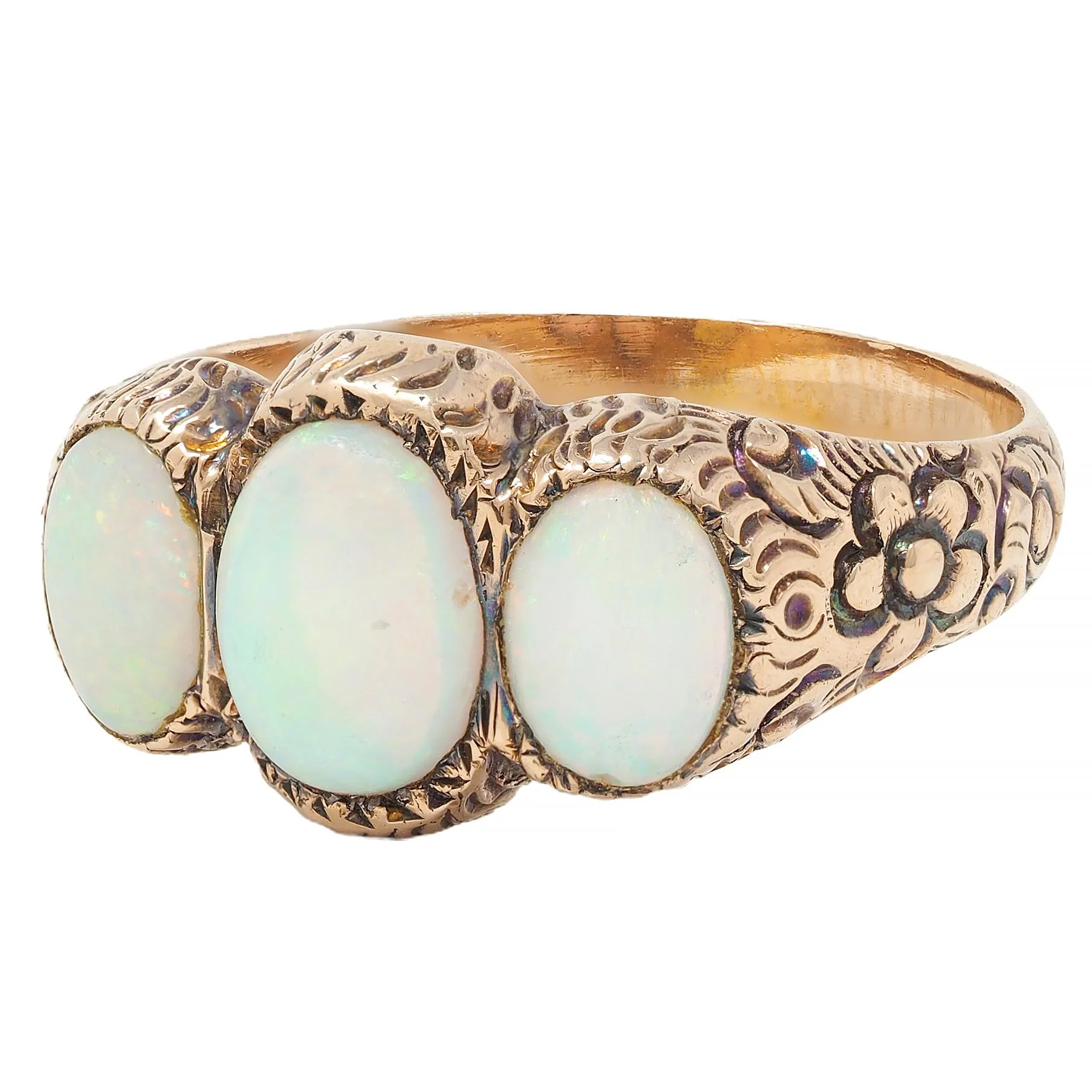 Victorian Opal Cabochon 14 Karat Rose Gold Antique Three Stone Floral Band Ring - Image 6