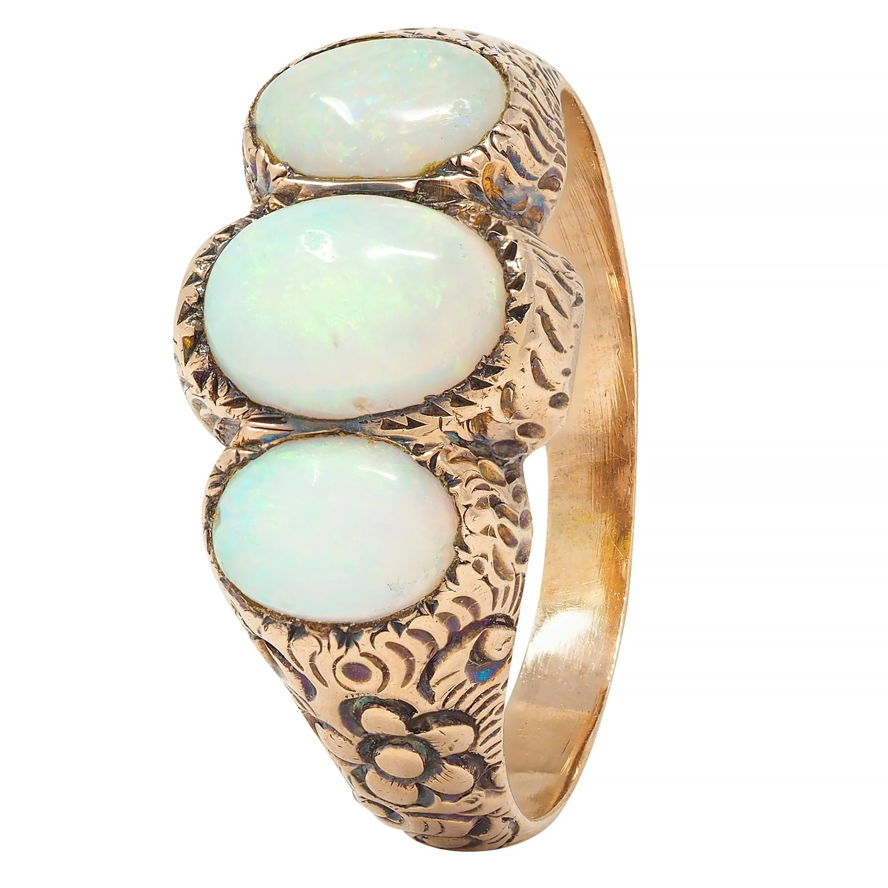 Victorian Opal Cabochon 14 Karat Rose Gold Antique Three Stone Floral Band Ring - Image 7