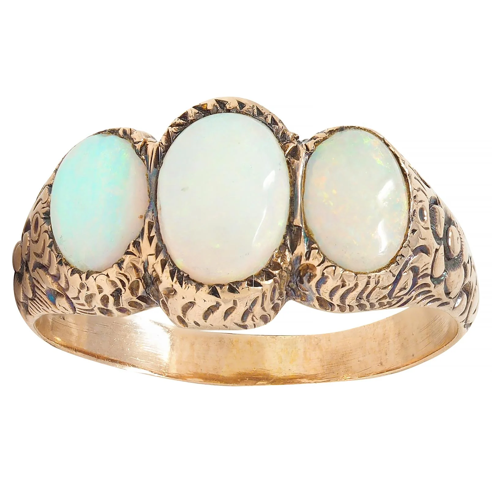 Victorian Opal Cabochon 14 Karat Rose Gold Antique Three Stone Floral Band Ring - Image 8