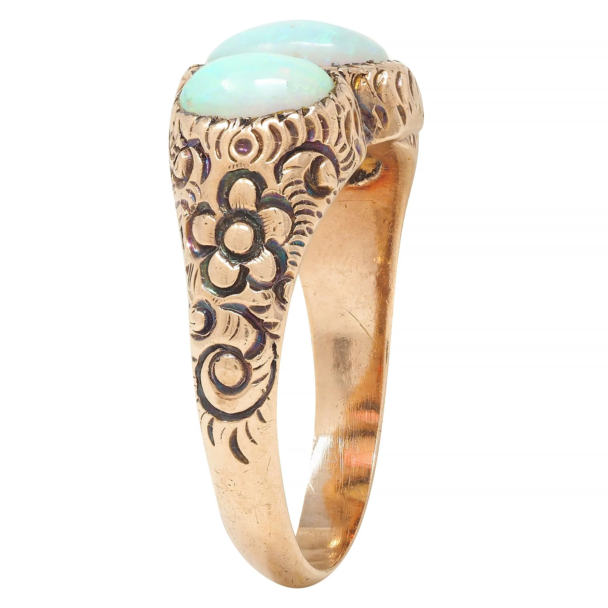 Victorian Opal Cabochon 14 Karat Rose Gold Antique Three Stone Floral Band Ring - Image 9