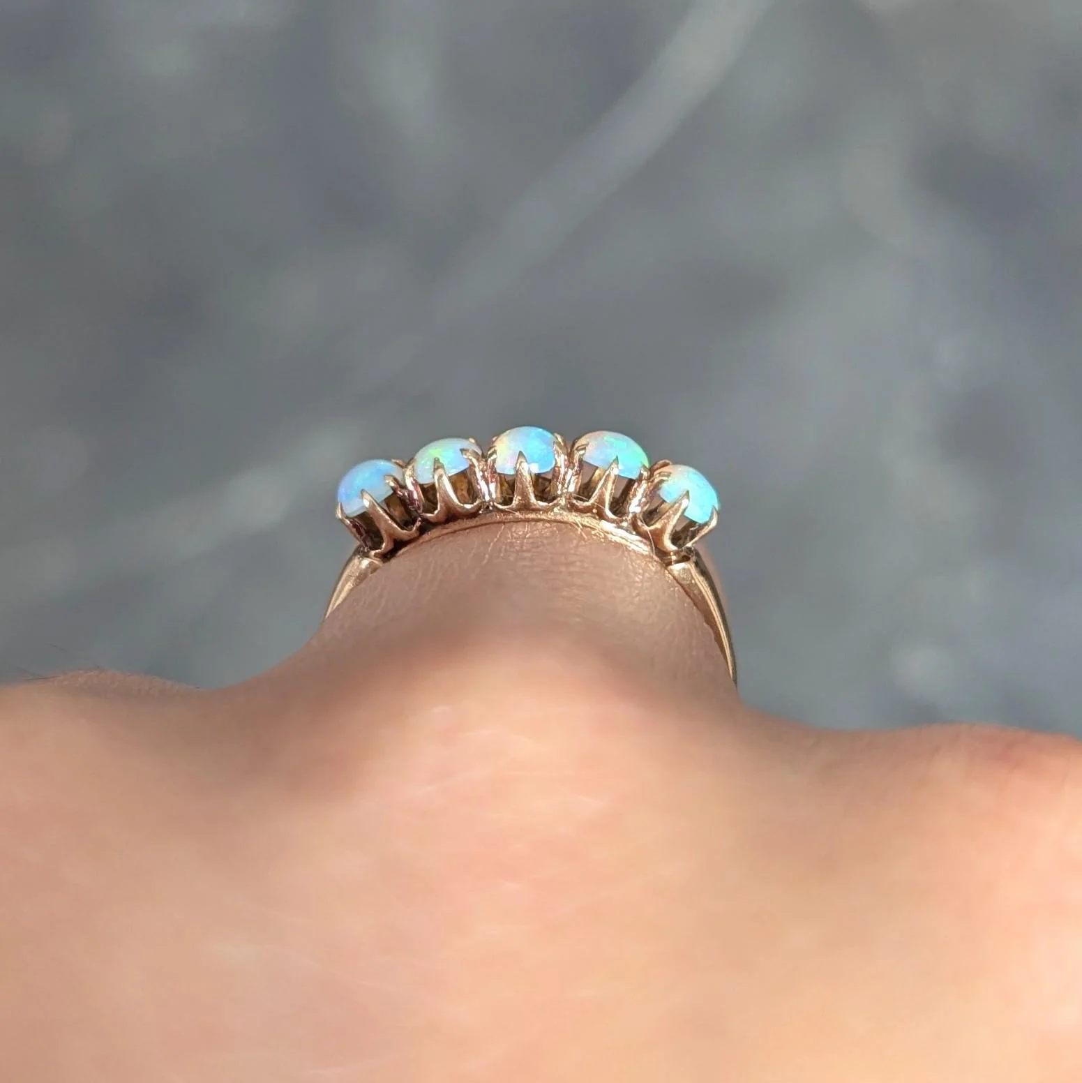 Victorian Opal Cabochon 14 Yellow Karat Gold Five Stone Antique Band Ring - Image 13