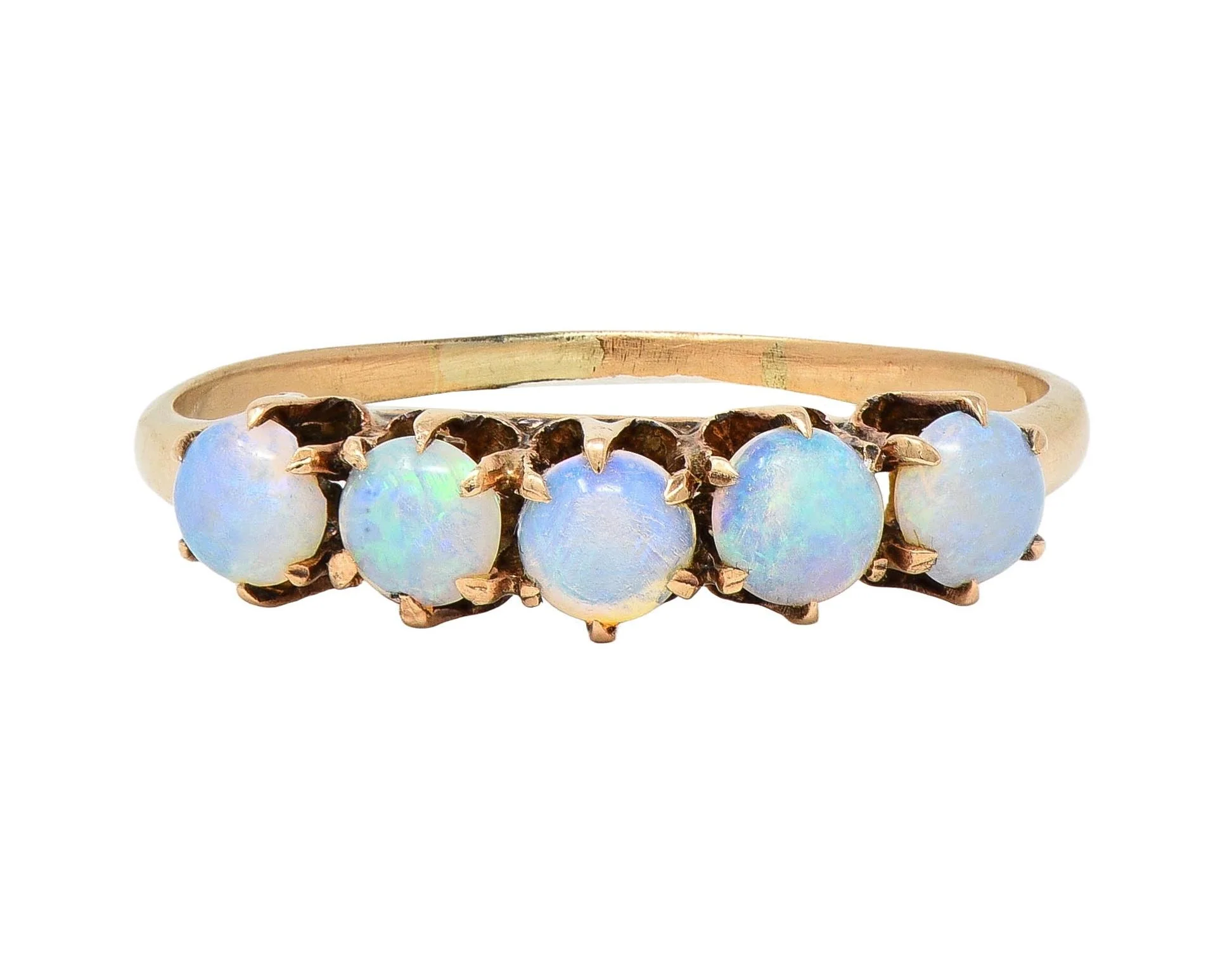 Victorian Opal Cabochon 14 Yellow Karat Gold Five Stone Antique Band Ring - Image 7