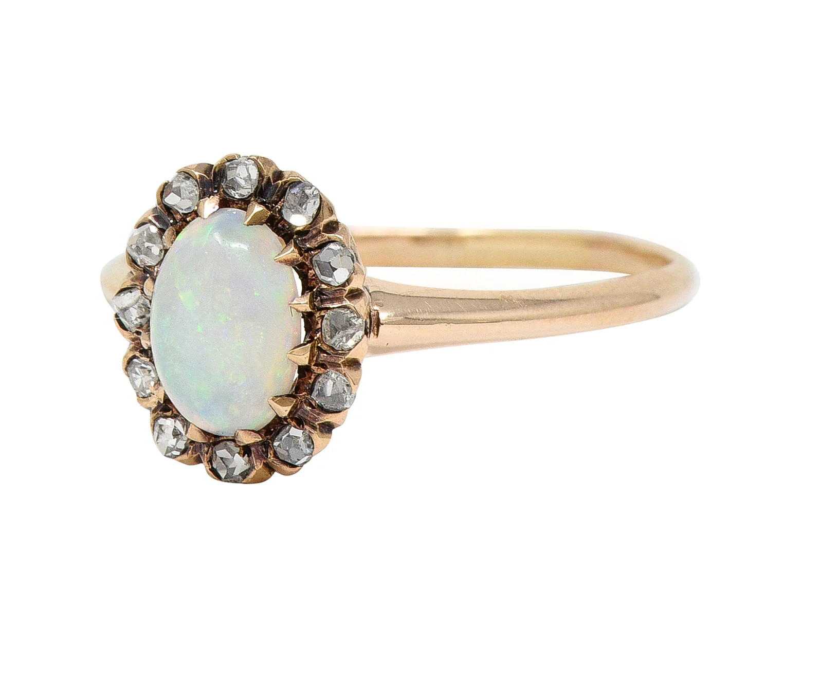 Victorian Opal Cabochon Diamond 14 Karat Rose Gold Antique Halo Ring - Image 6