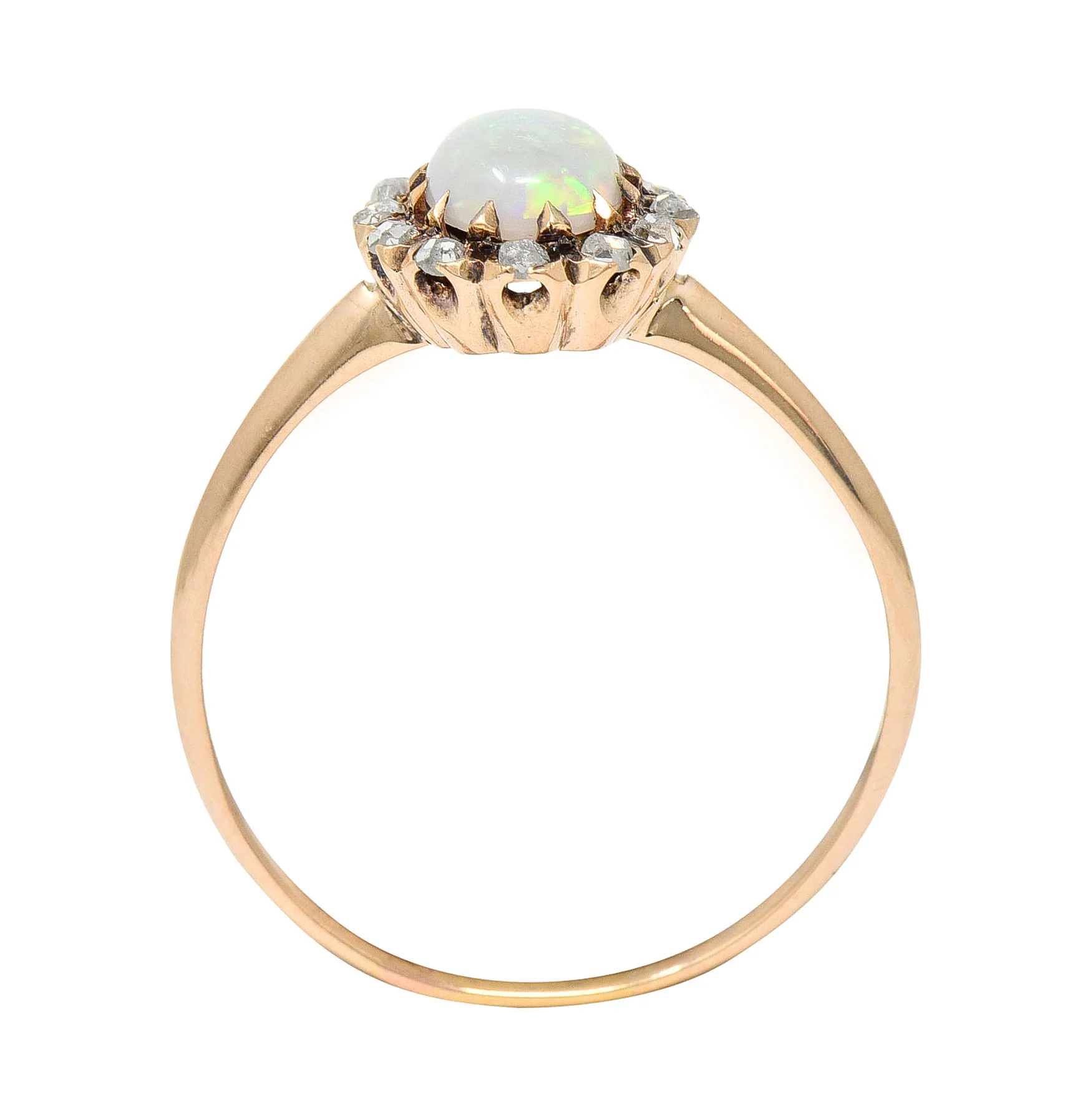 Victorian Opal Cabochon Diamond 14 Karat Rose Gold Antique Halo Ring - Image 8