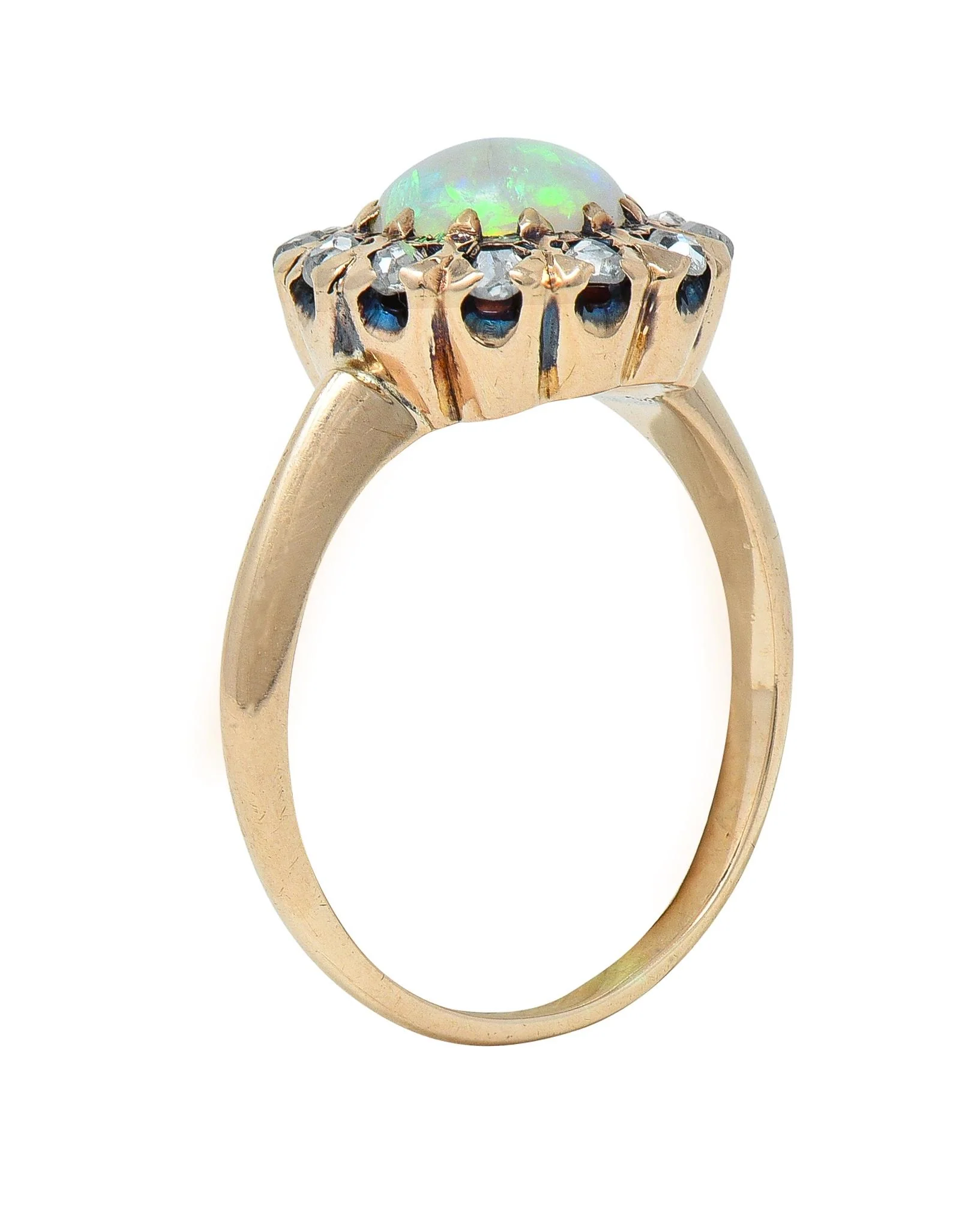Victorian Opal Cabochon Diamond 14 Karat Yellow Gold Antique Halo Ring - Image 10