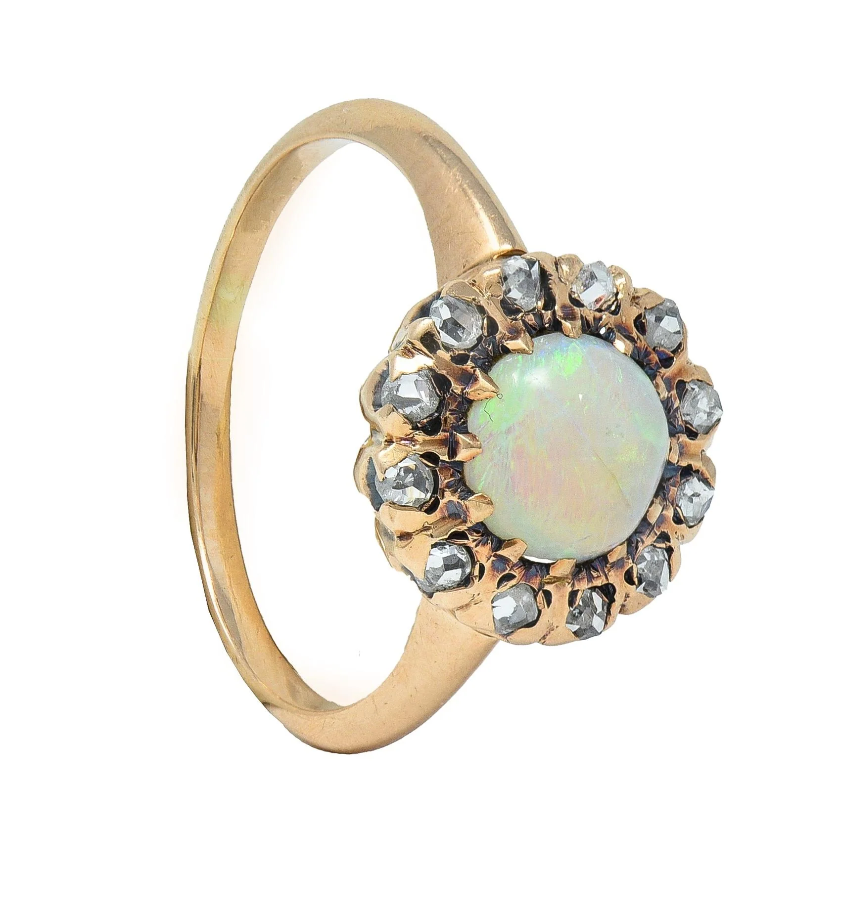 Victorian Opal Cabochon Diamond 14 Karat Yellow Gold Antique Halo Ring - Image 11