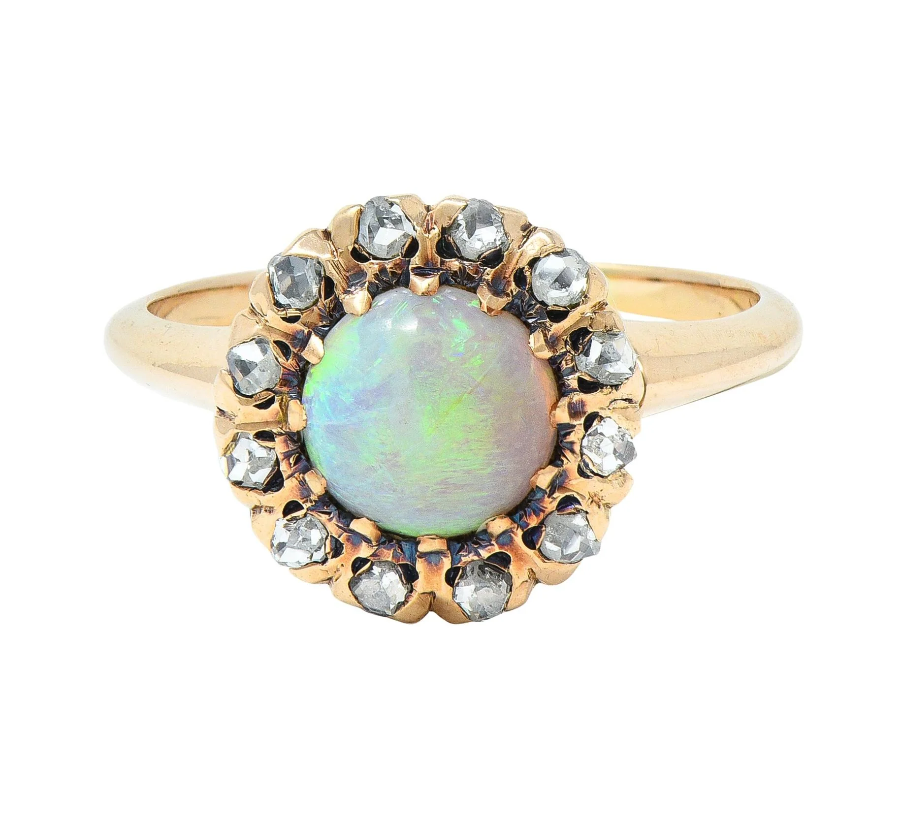Victorian Opal Cabochon Diamond 14 Karat Yellow Gold Antique Halo Ring - Image 7