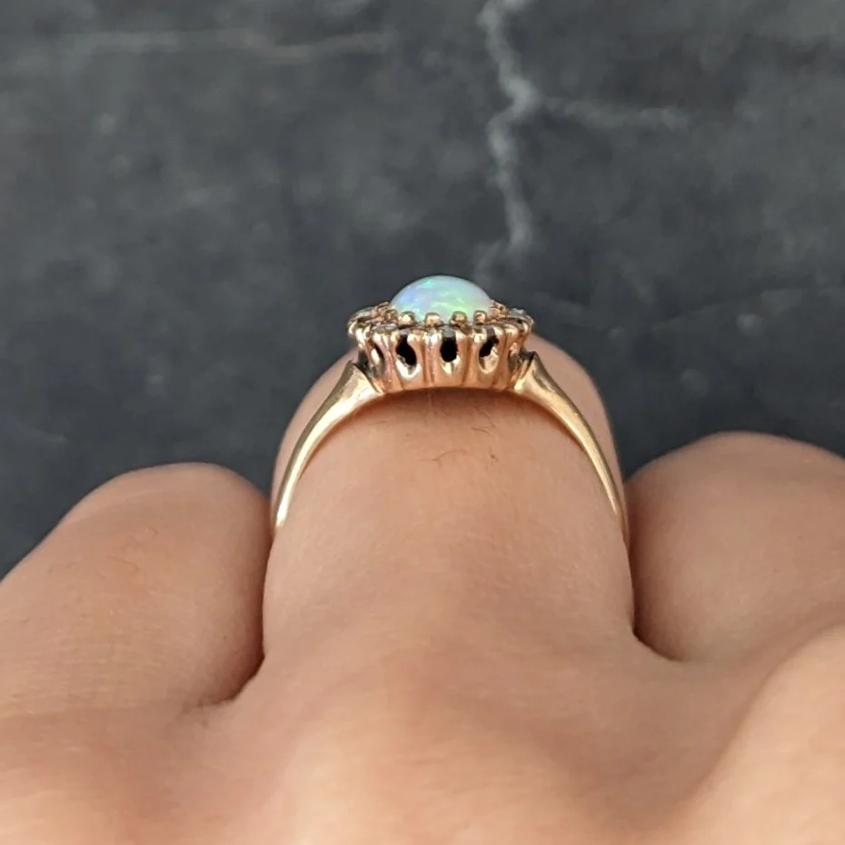 Victorian Opal Cabochon Diamond 14 Karat Yellow Gold Antique Halo Ring - Image 12