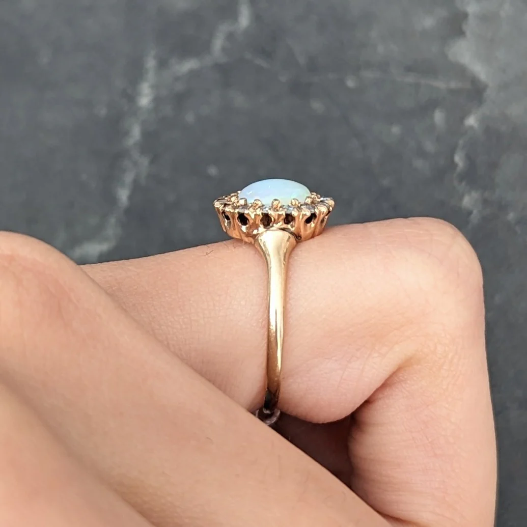 Victorian Opal Cabochon Diamond 14 Karat Yellow Gold Antique Halo Ring - Image 13