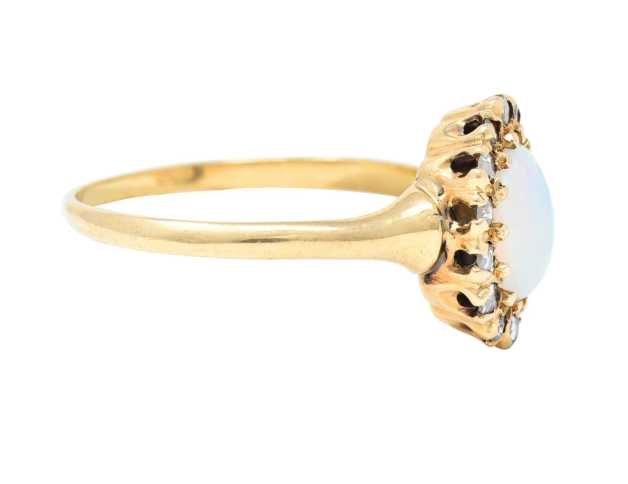 Victorian Opal Cabochon Diamond 14 Karat Yellow Gold Antique Halo Ring - Image 3