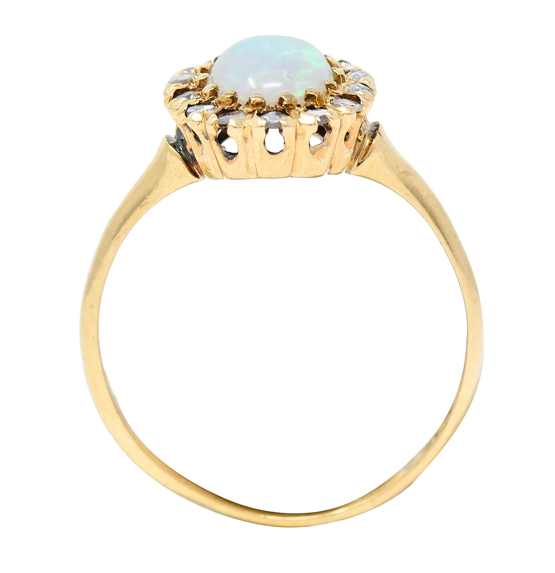 Victorian Opal Cabochon Diamond 14 Karat Yellow Gold Antique Halo Ring - Image 9