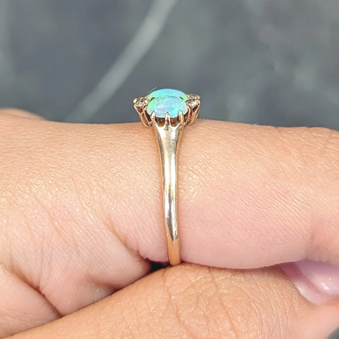 Victorian Opal Cabochon Diamond 14 Karat Yellow Gold Five Stone Antique Ring - Image 15