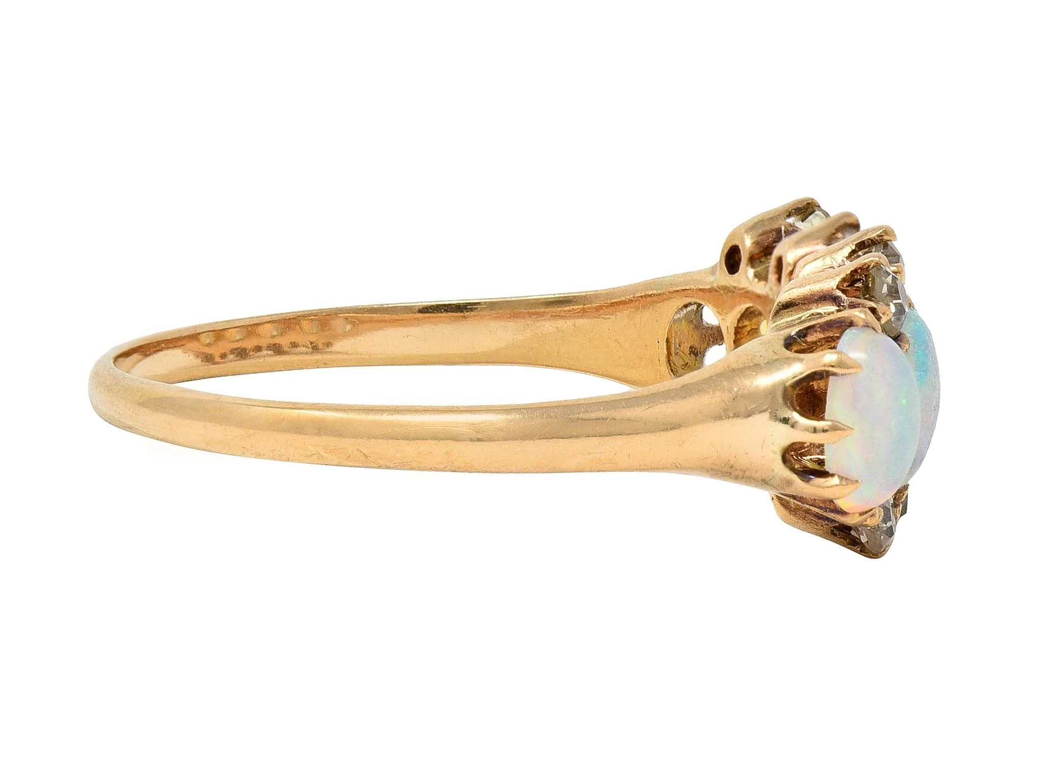 Victorian Opal Cabochon Diamond 14 Karat Yellow Gold Five Stone Antique Ring - Image 3