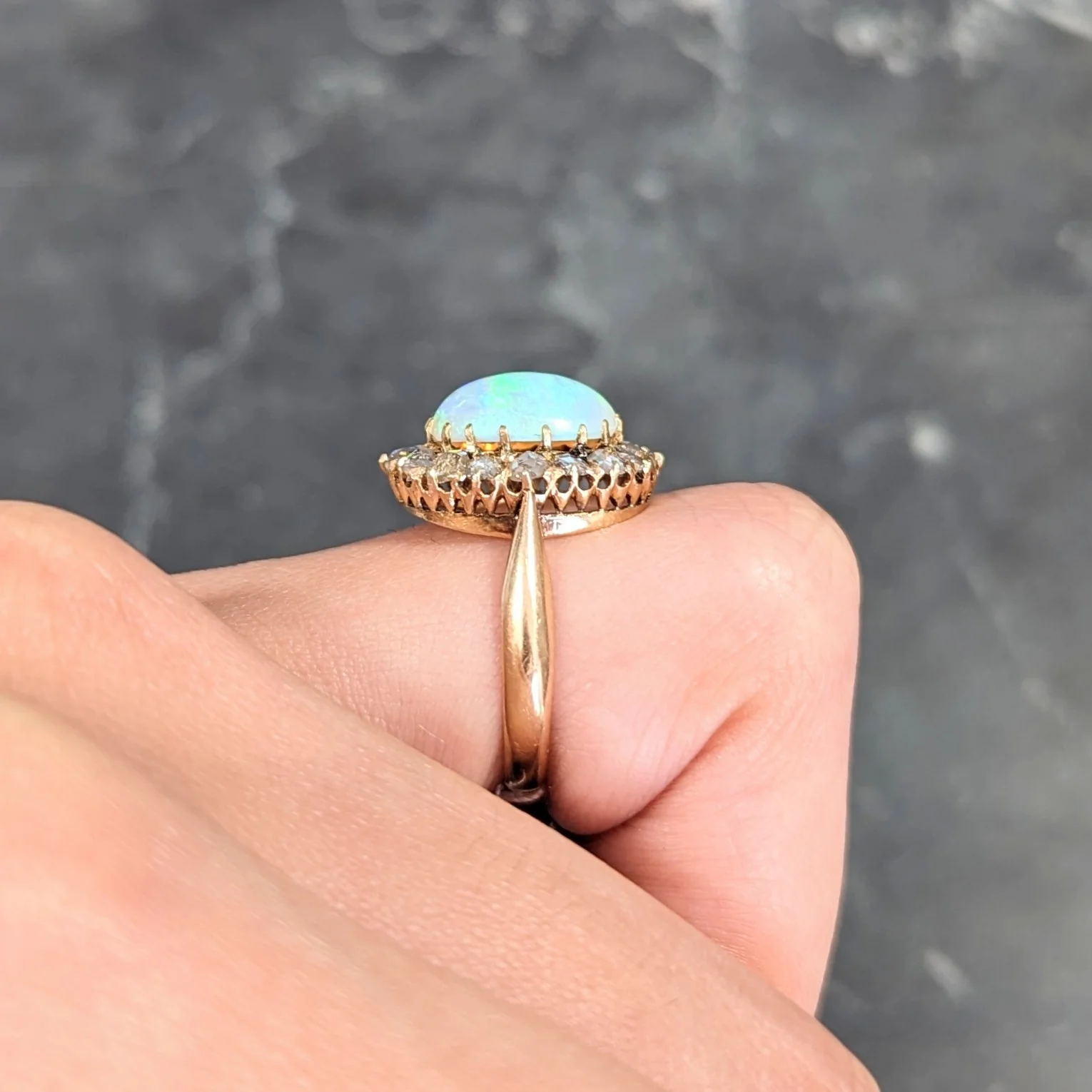 Victorian Opal Cabochon Diamond 18 Karat Yellow Gold Antique Halo Ring - Image 13