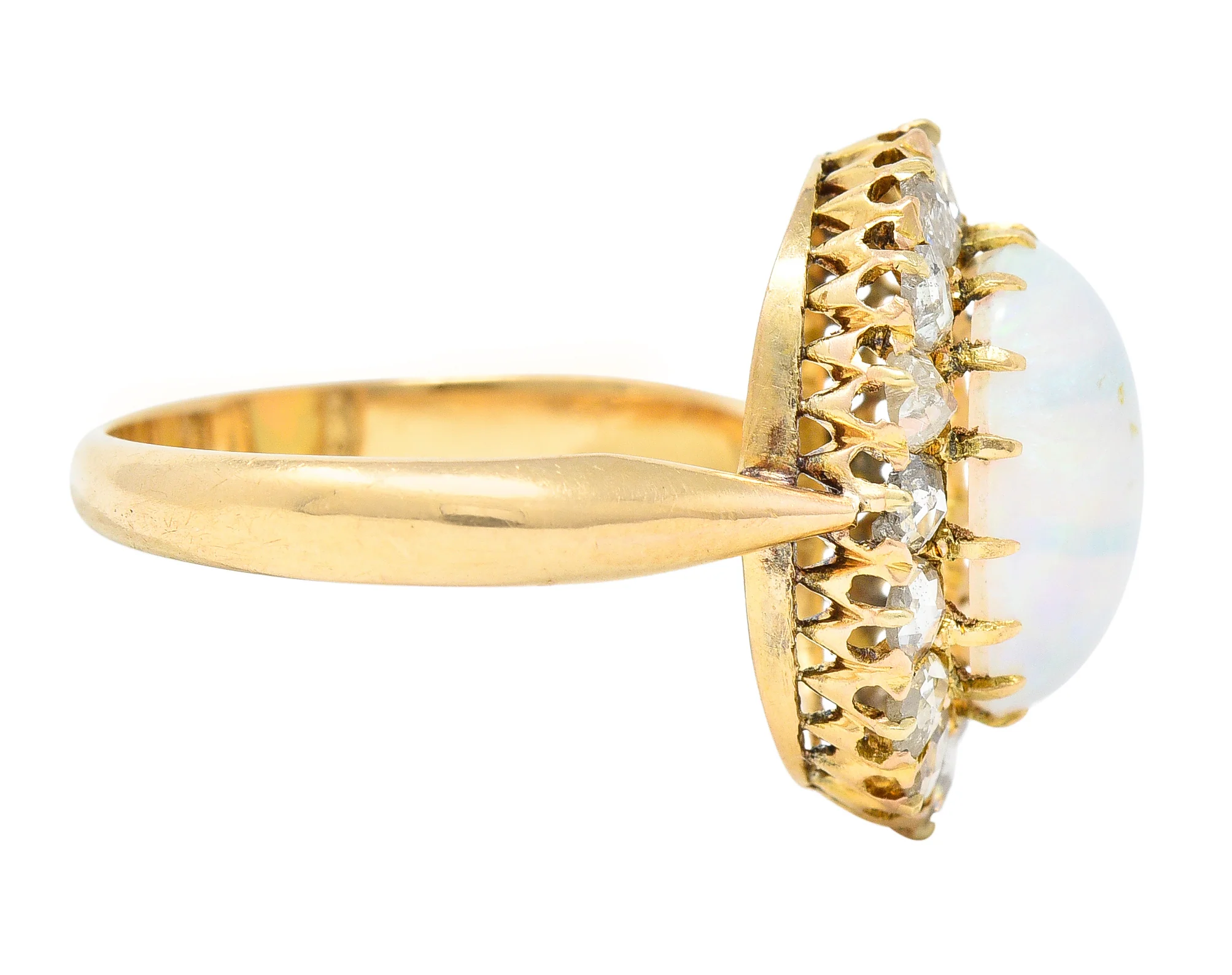 Victorian Opal Cabochon Diamond 18 Karat Yellow Gold Antique Halo Ring - Image 5