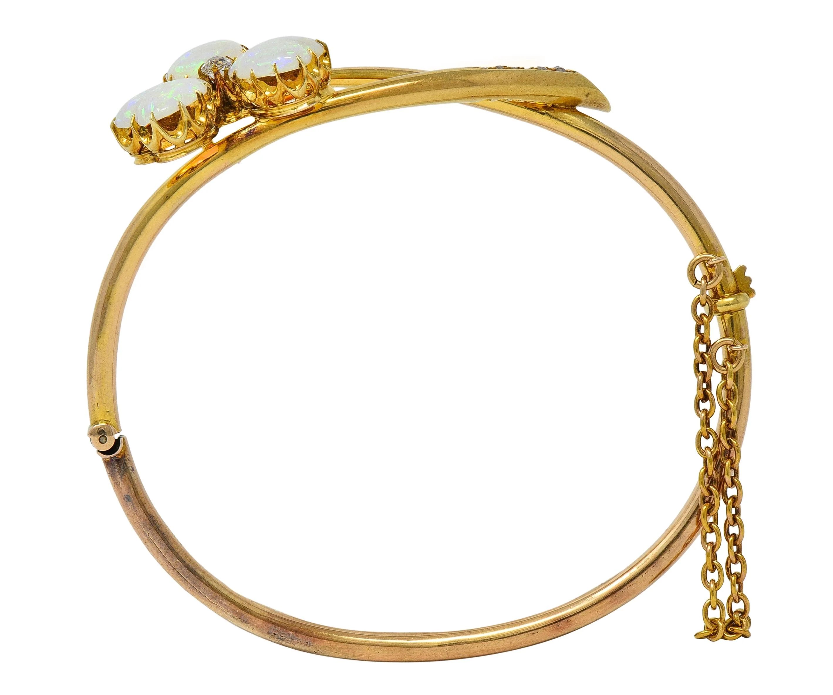 Victorian Opal Diamond 14 Karat Yellow Gold Antique Bypass Clover Bangle Bracelet - Image 6