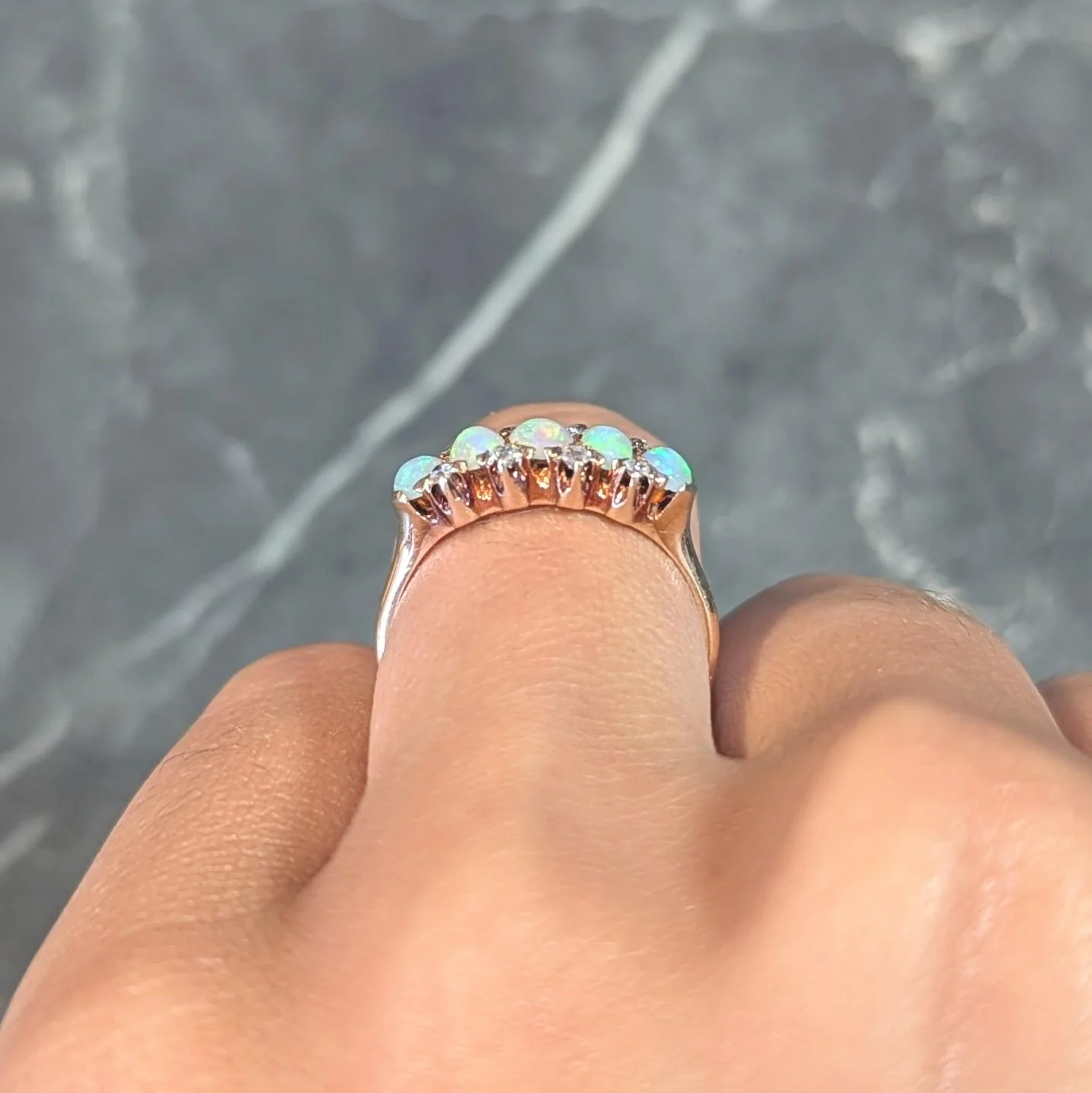 Victorian Opal Diamond 14 Karat Yellow Gold Antique Five Stone Band Ring - Image 11