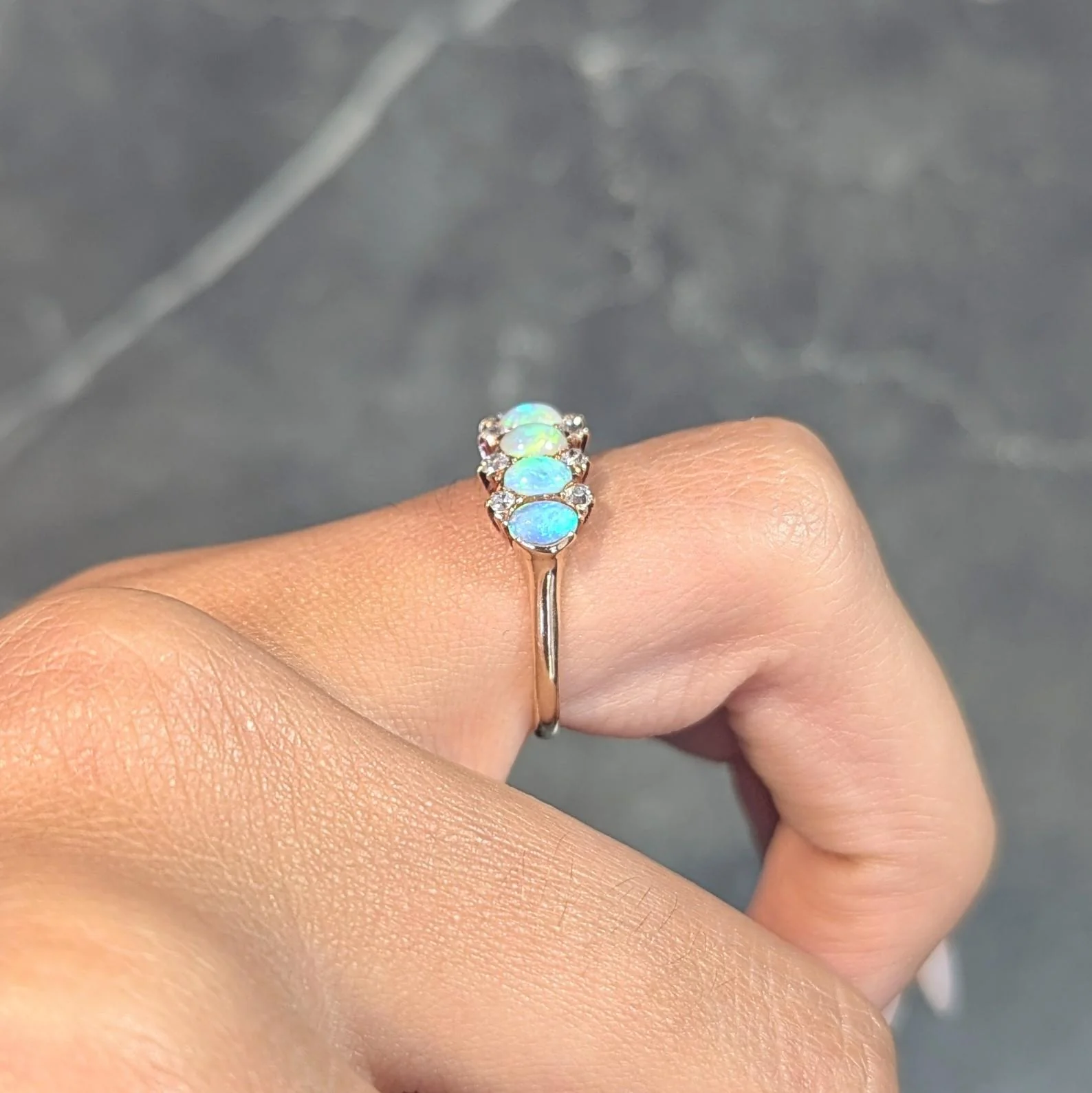 Victorian Opal Diamond 14 Karat Yellow Gold Antique Five Stone Band Ring - Image 12