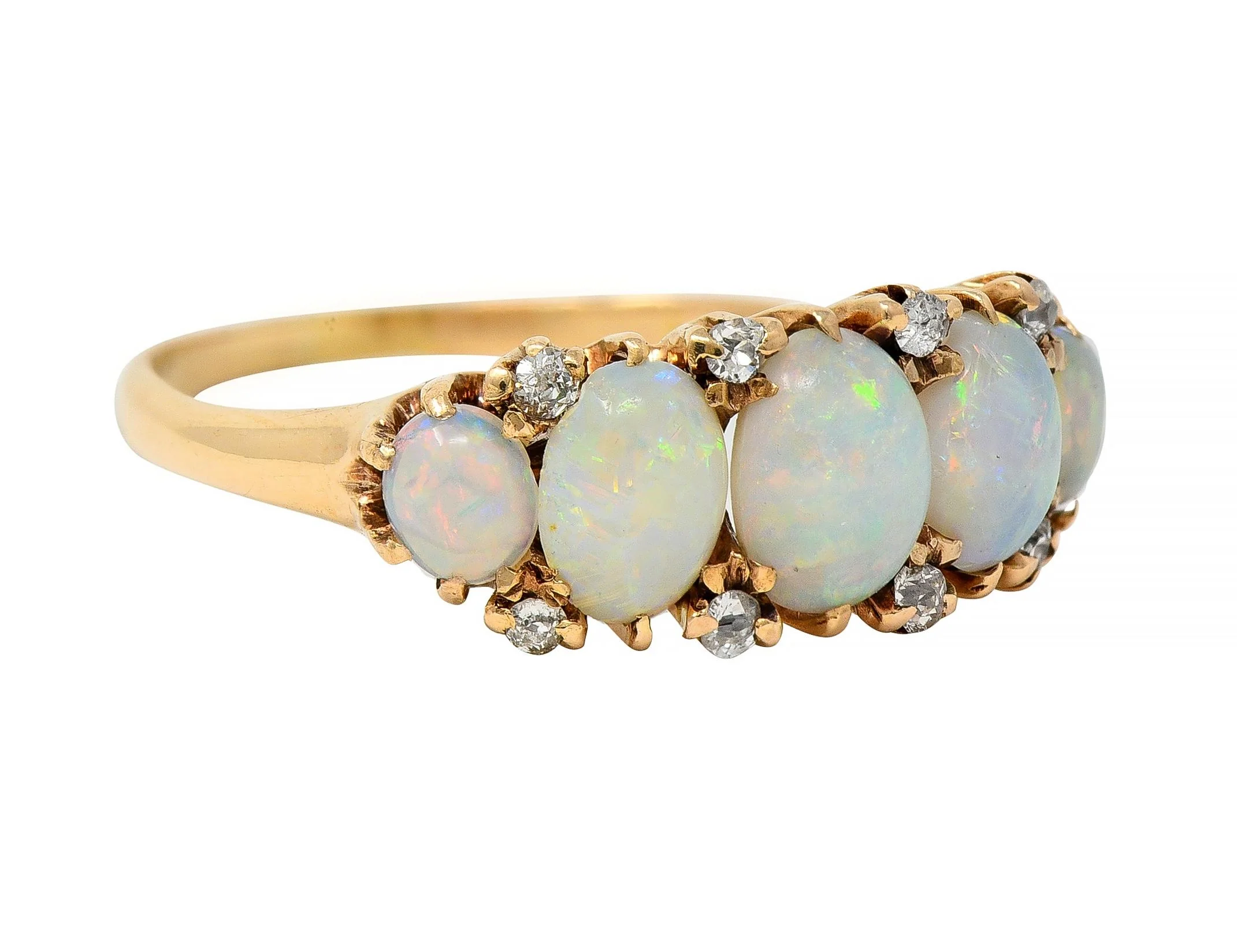 Victorian Opal Diamond 14 Karat Yellow Gold Antique Five Stone Band Ring - Image 2
