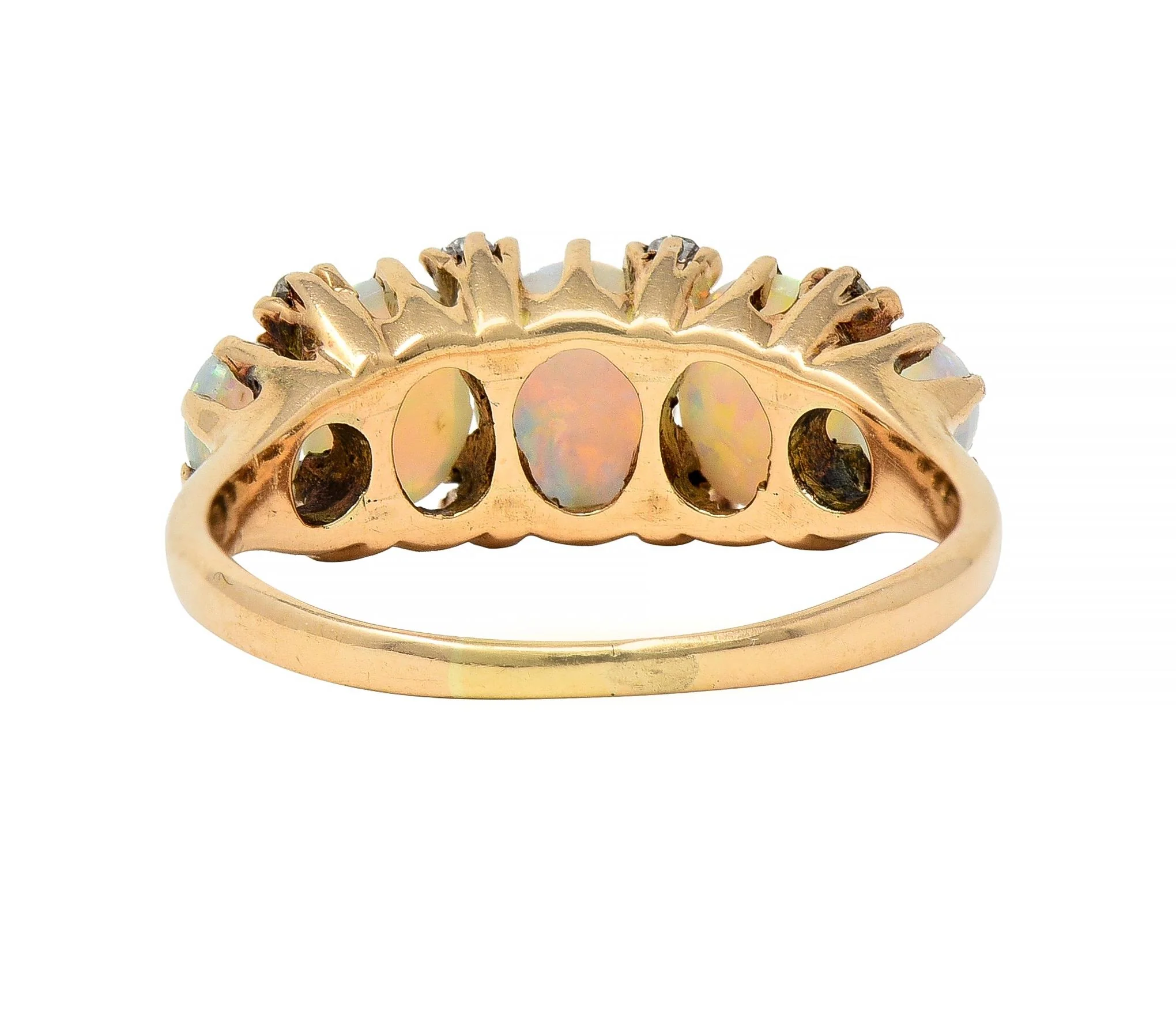 Victorian Opal Diamond 14 Karat Yellow Gold Antique Five Stone Band Ring - Image 4