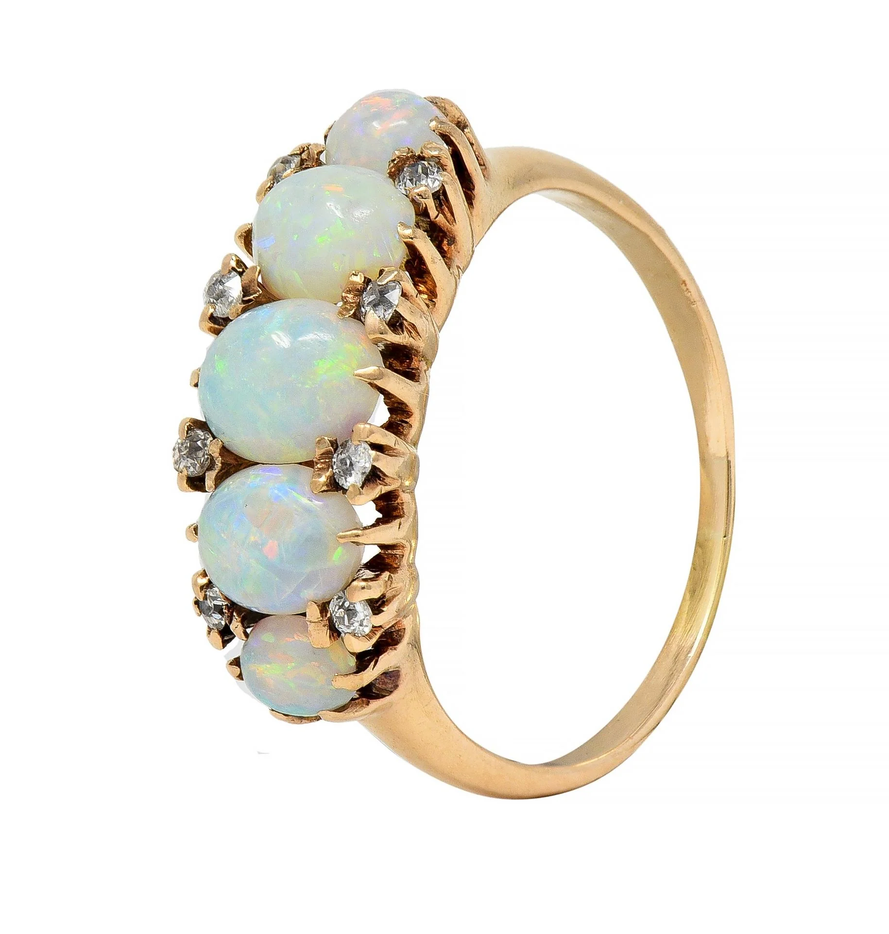 Victorian Opal Diamond 14 Karat Yellow Gold Antique Five Stone Band Ring - Image 7