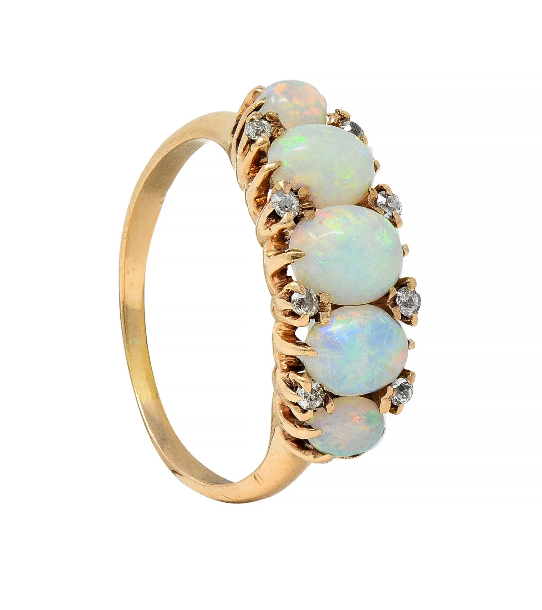 Victorian Opal Diamond 14 Karat Yellow Gold Antique Five Stone Band Ring - Image 9
