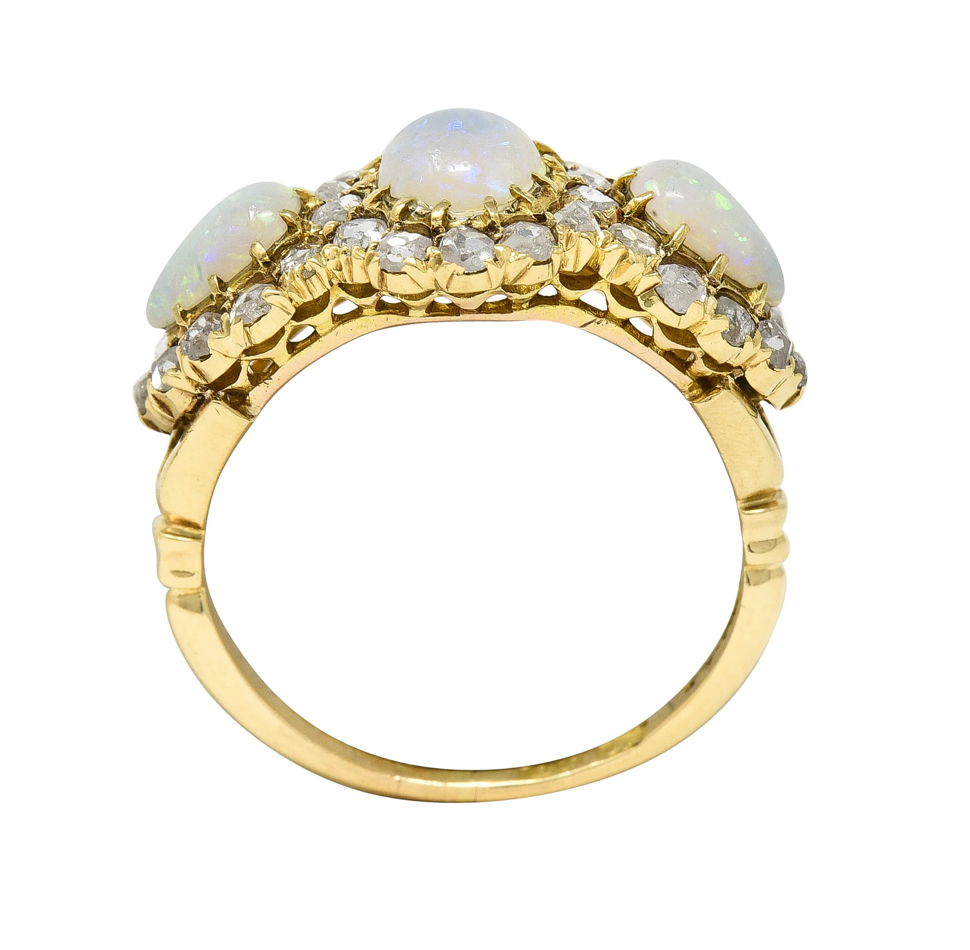 Victorian Opal Diamond 18 Karat Gold Three Stone Antique Halo Cluster Ring - Image 10