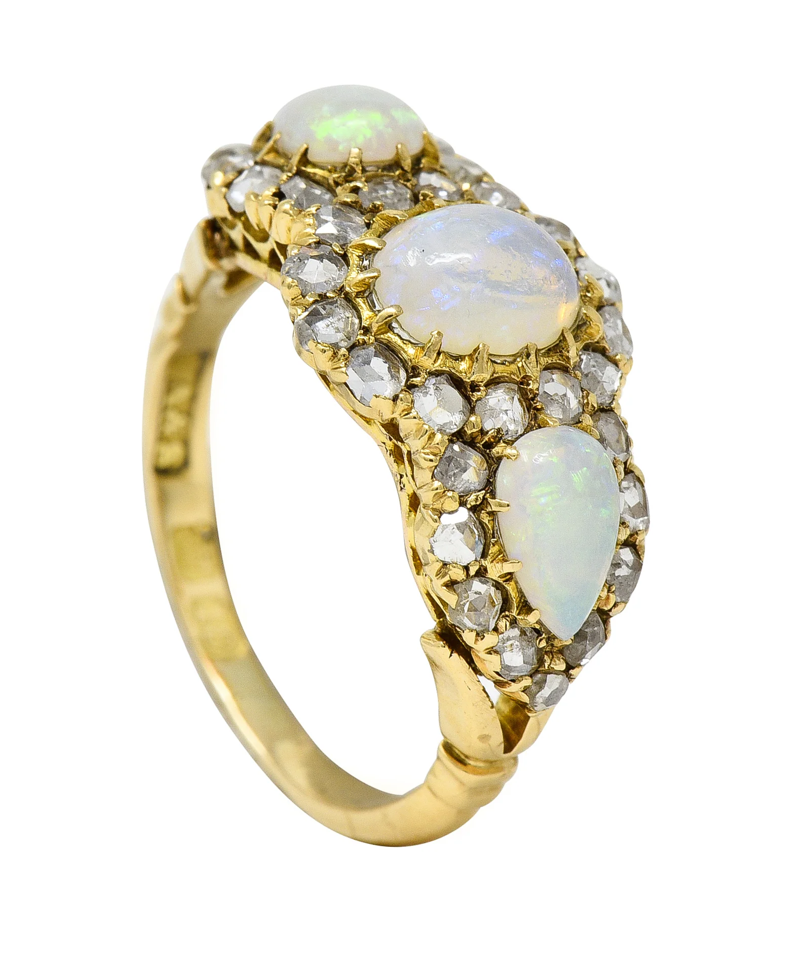 Victorian Opal Diamond 18 Karat Gold Three Stone Antique Halo Cluster Ring - Image 11