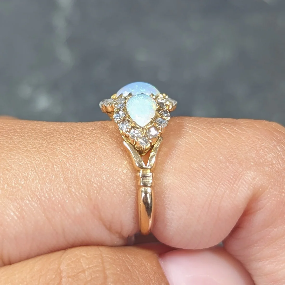 Victorian Opal Diamond 18 Karat Gold Three Stone Antique Halo Cluster Ring - Image 13