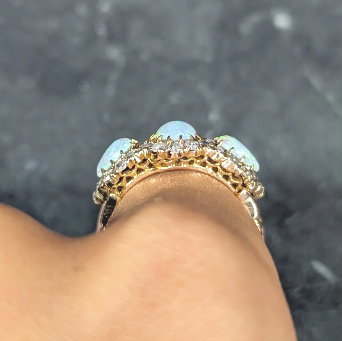 Victorian Opal Diamond 18 Karat Gold Three Stone Antique Halo Cluster Ring - Image 14