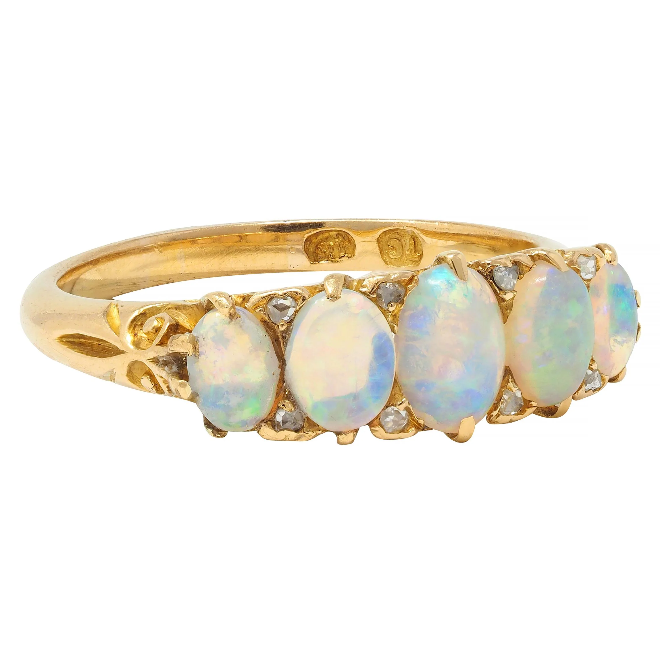 Victorian Opal Diamond 18 Karat Yellow Gold Antique Five Stone Band Ring - Image 3
