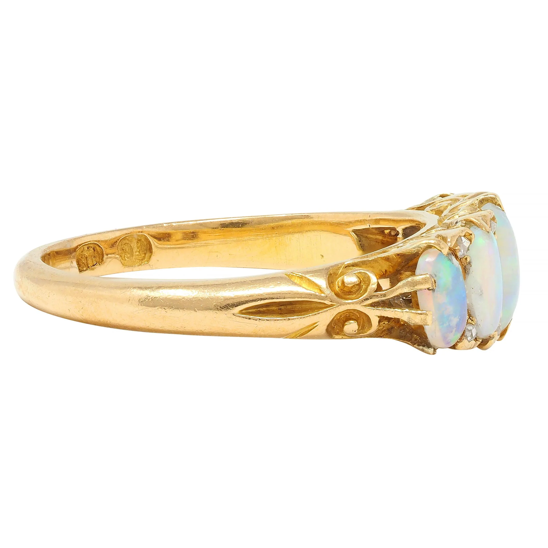 Victorian Opal Diamond 18 Karat Yellow Gold Antique Five Stone Band Ring - Image 4