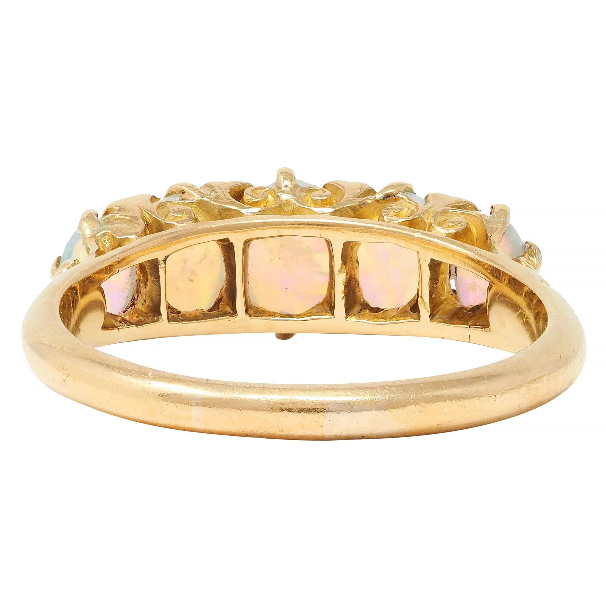Victorian Opal Diamond 18 Karat Yellow Gold Antique Five Stone Band Ring - Image 5