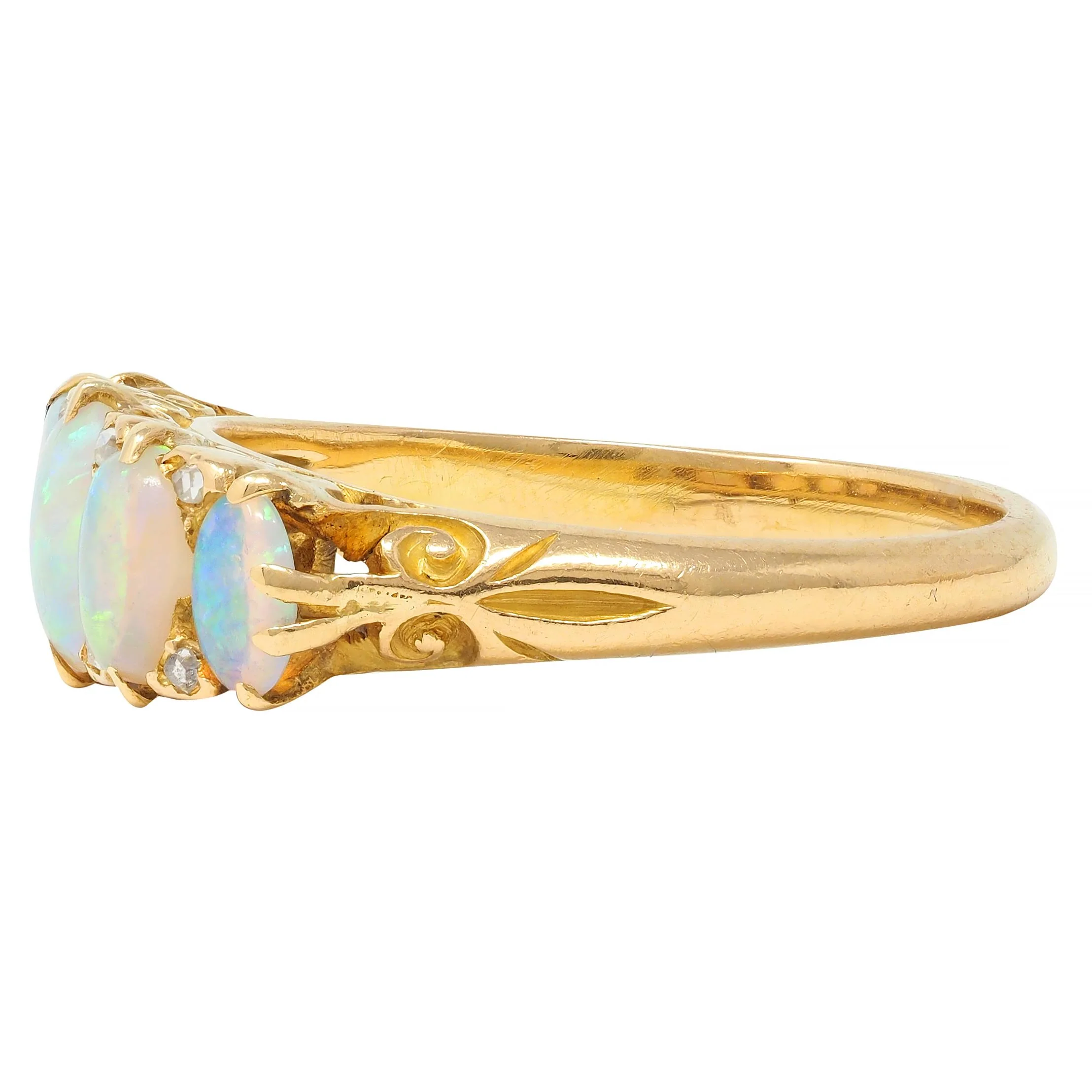 Victorian Opal Diamond 18 Karat Yellow Gold Antique Five Stone Band Ring - Image 6