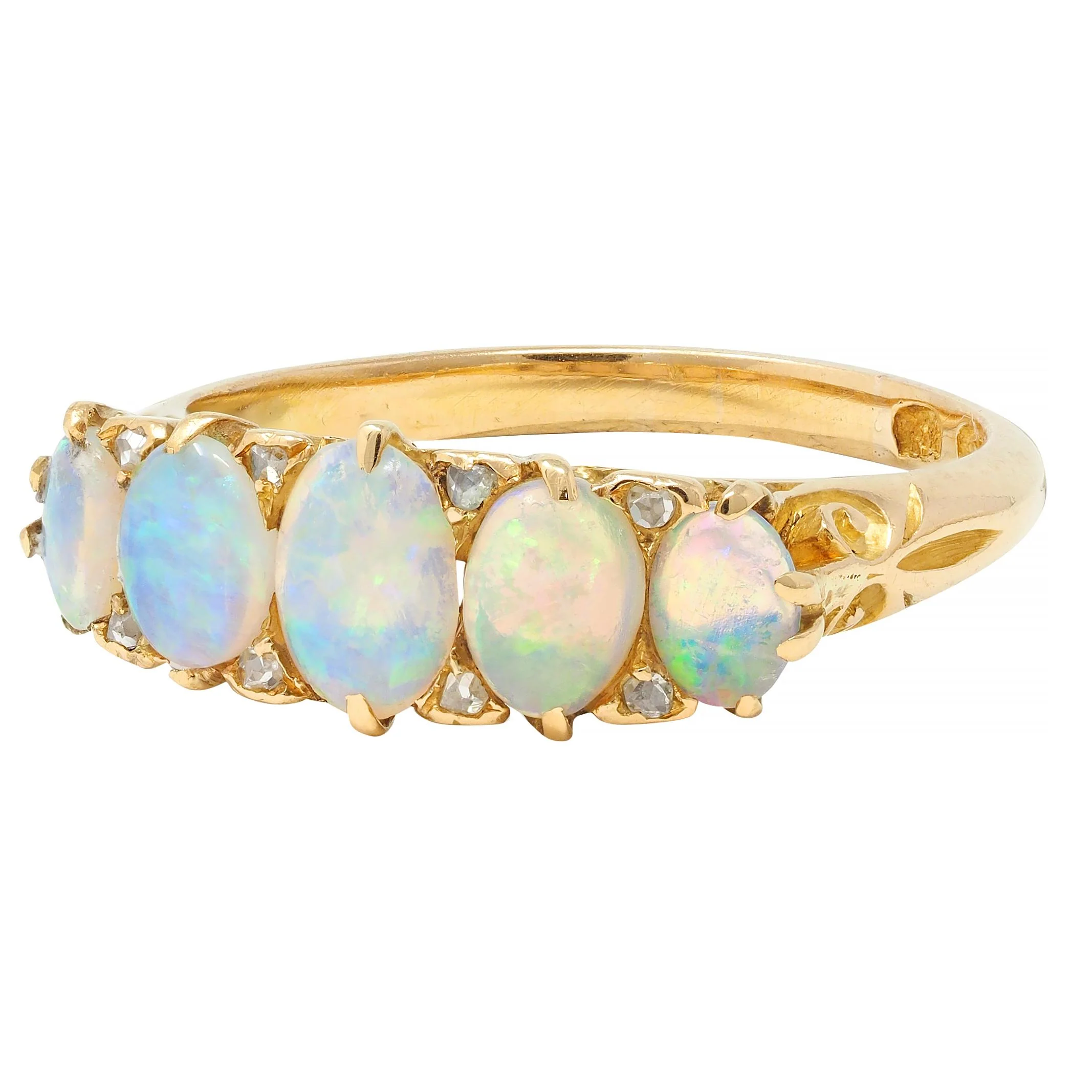 Victorian Opal Diamond 18 Karat Yellow Gold Antique Five Stone Band Ring - Image 7