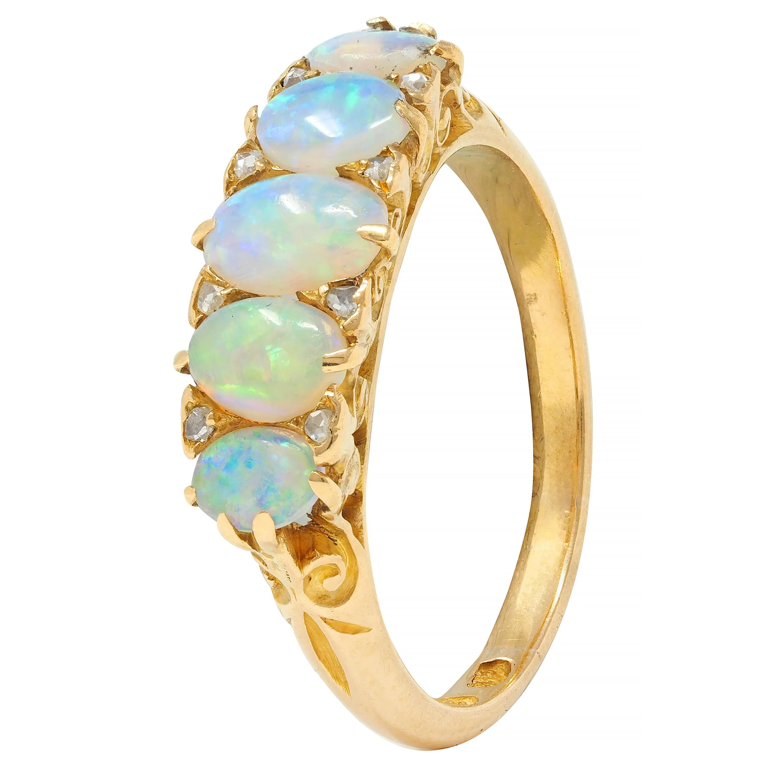Victorian Opal Diamond 18 Karat Yellow Gold Antique Five Stone Band Ring - Image 9