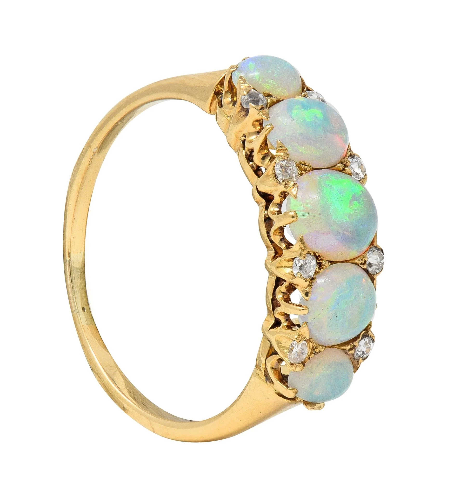 Victorian Opal Diamond 18 Karat Yellow Gold Antique Five Stone Band Ring - Image 3