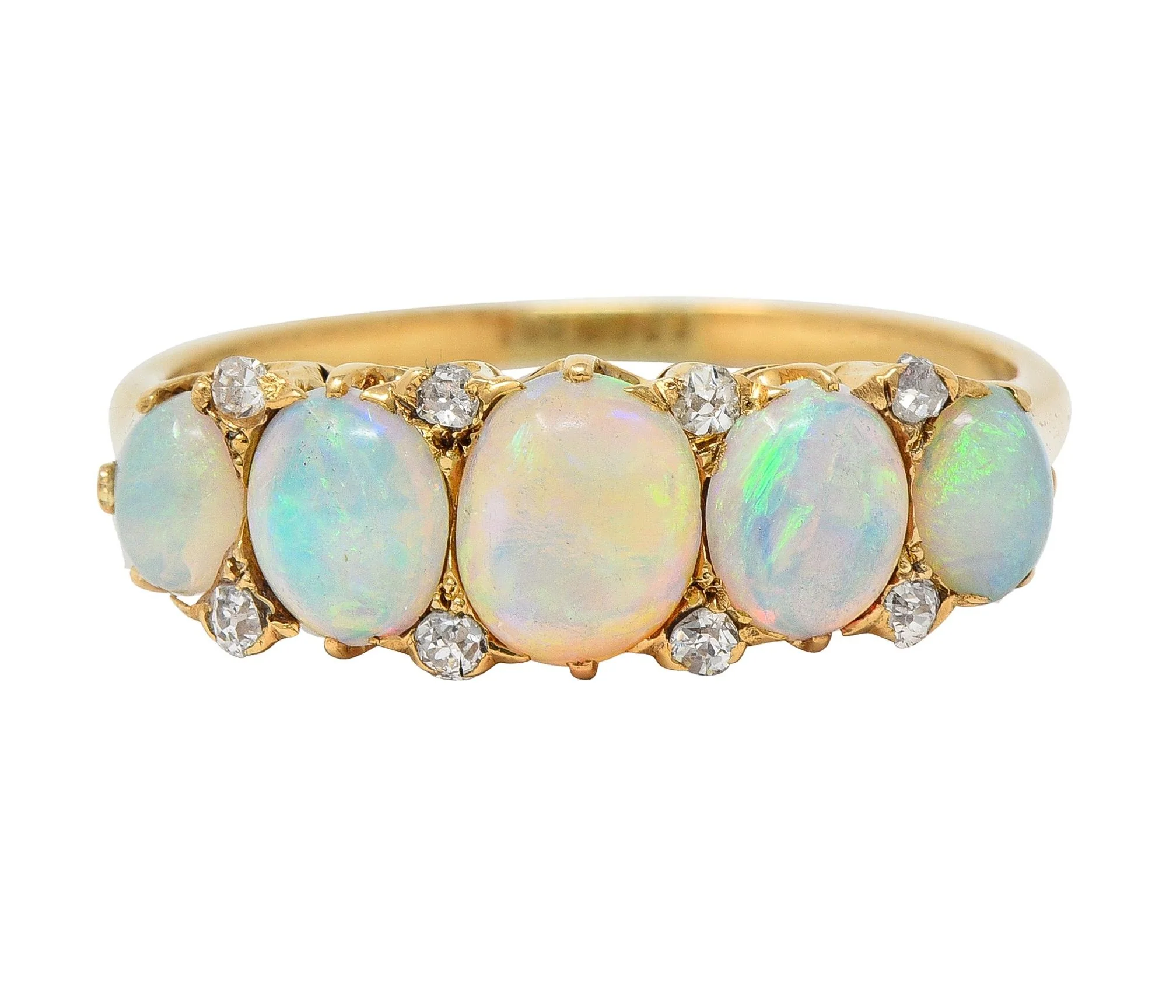 Victorian Opal Diamond 18 Karat Yellow Gold Antique Five Stone Band Ring - Image 4