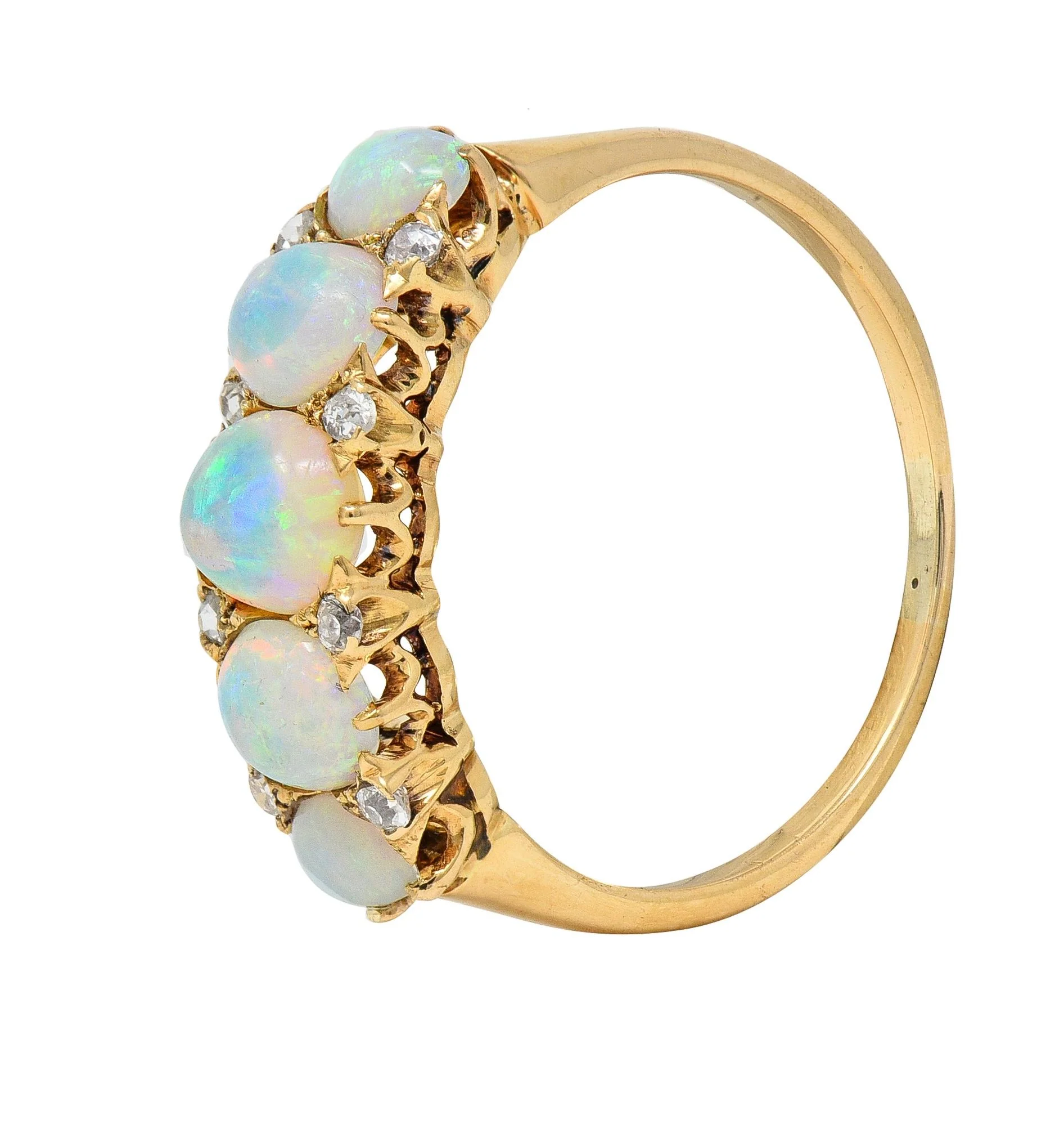 Victorian Opal Diamond 18 Karat Yellow Gold Antique Five Stone Band Ring - Image 5