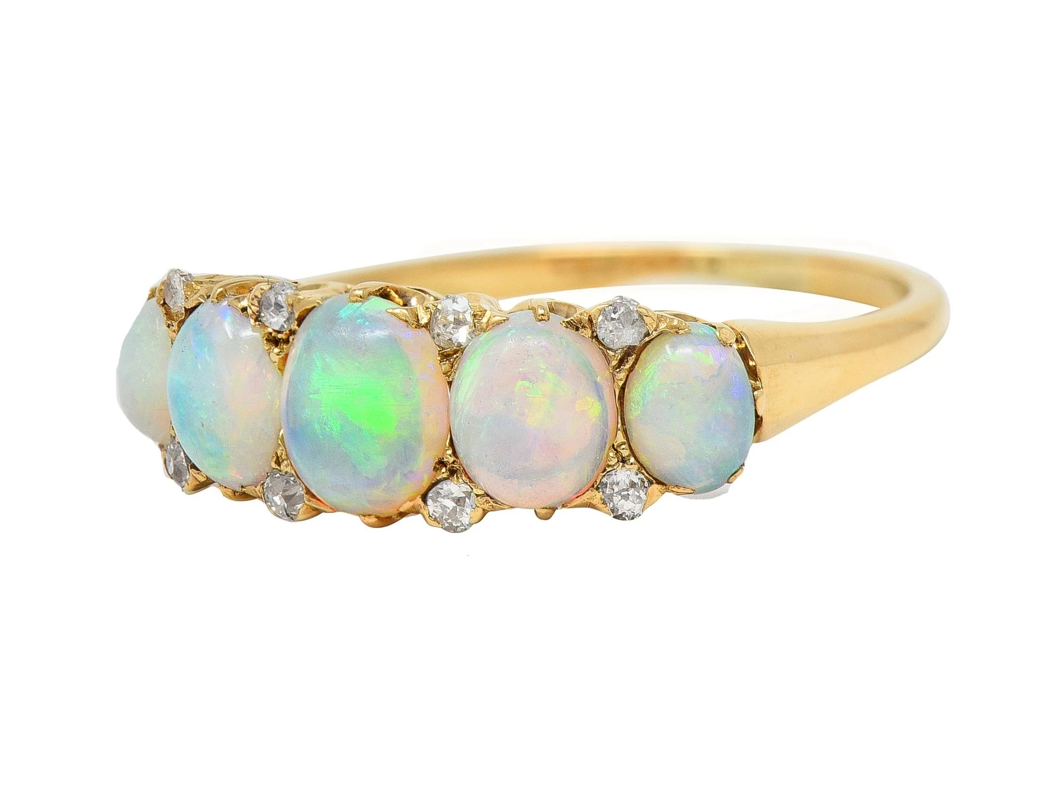 Victorian Opal Diamond 18 Karat Yellow Gold Antique Five Stone Band Ring - Image 9