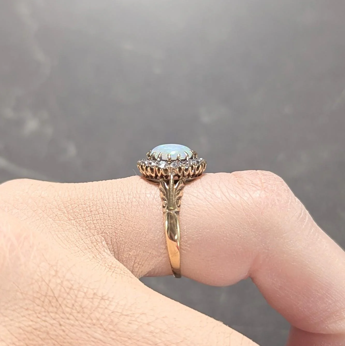 Victorian Opal Diamond 18 Karat Yellow Gold Antique Halo Ring - Image 10