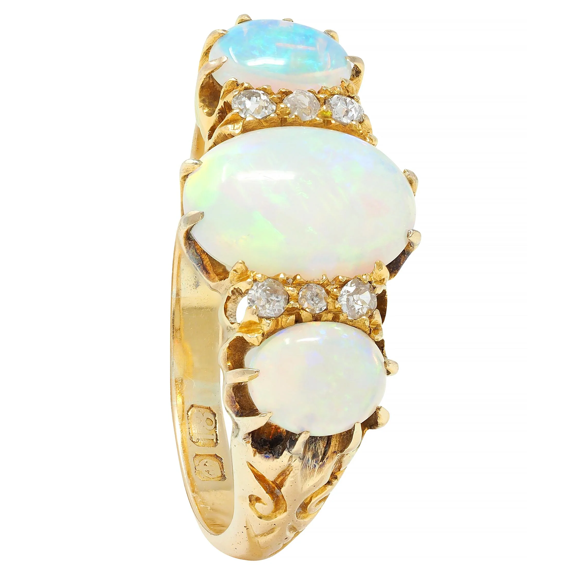 Victorian Opal Diamond 18 Karat Yellow Gold Antique Scroll Band Ring - Image 11