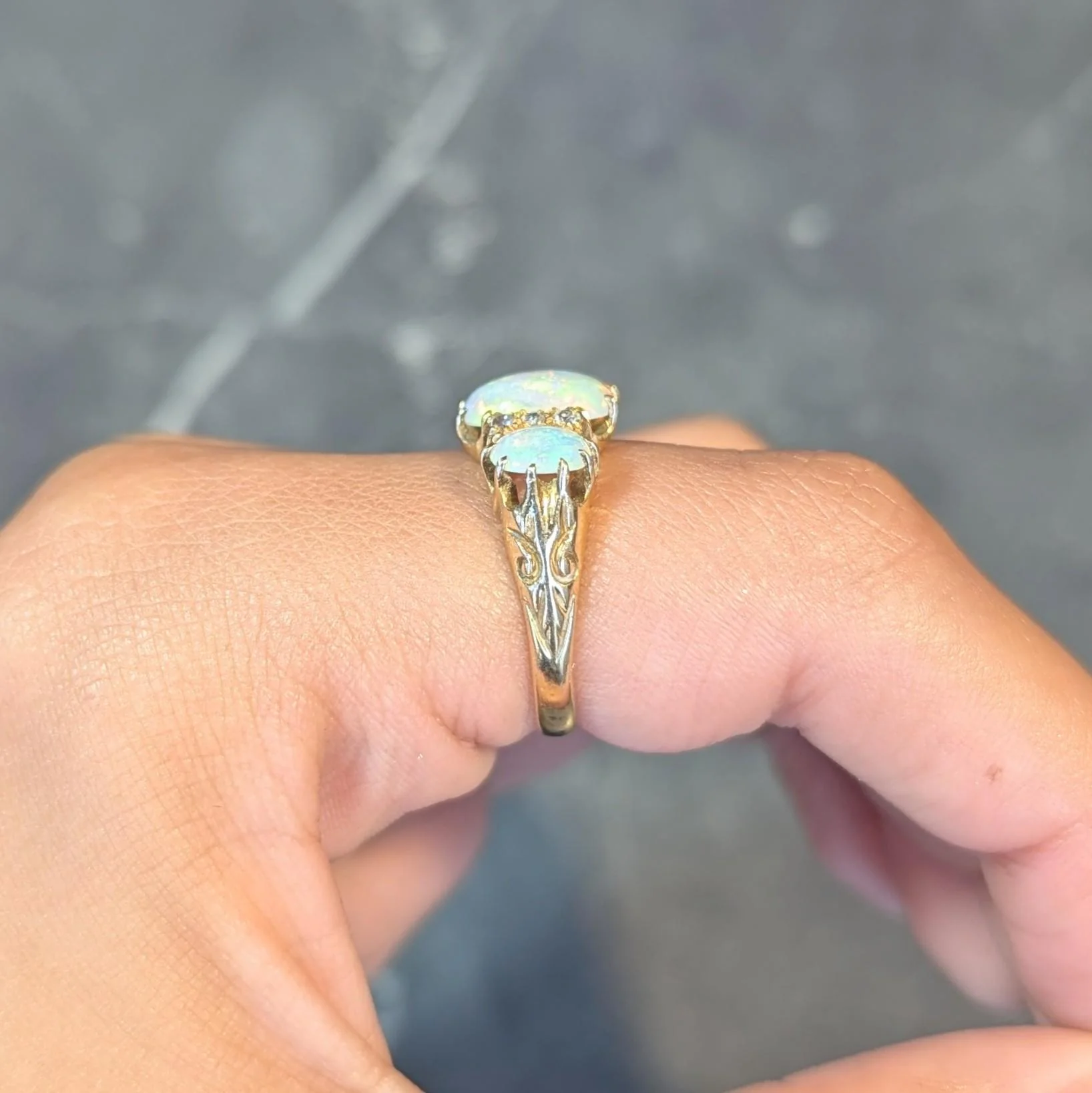 Victorian Opal Diamond 18 Karat Yellow Gold Antique Scroll Band Ring - Image 15