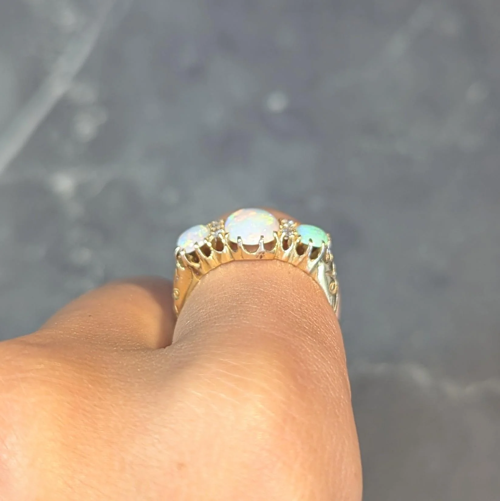 Victorian Opal Diamond 18 Karat Yellow Gold Antique Scroll Band Ring - Image 16