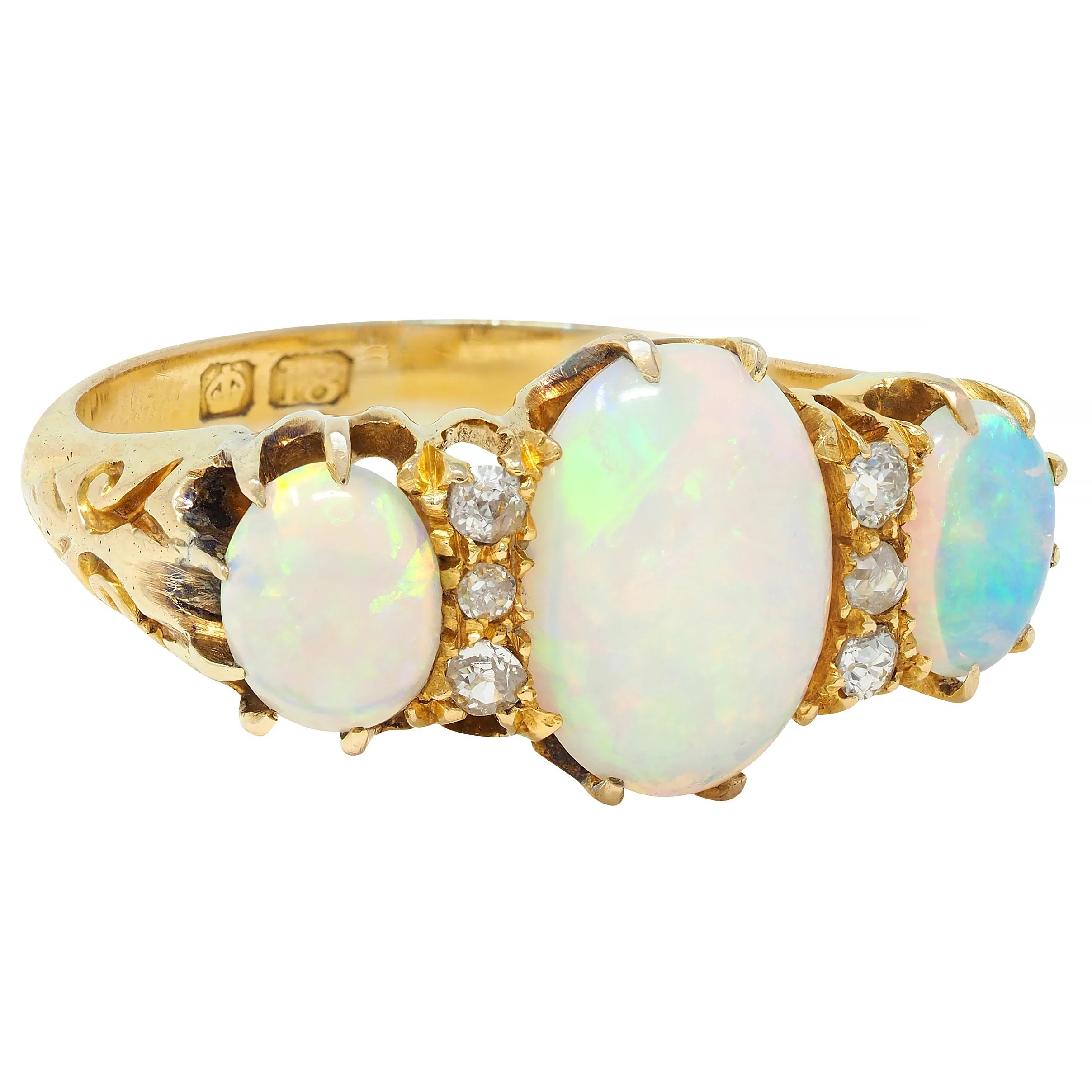 Victorian Opal Diamond 18 Karat Yellow Gold Antique Scroll Band Ring - Image 3