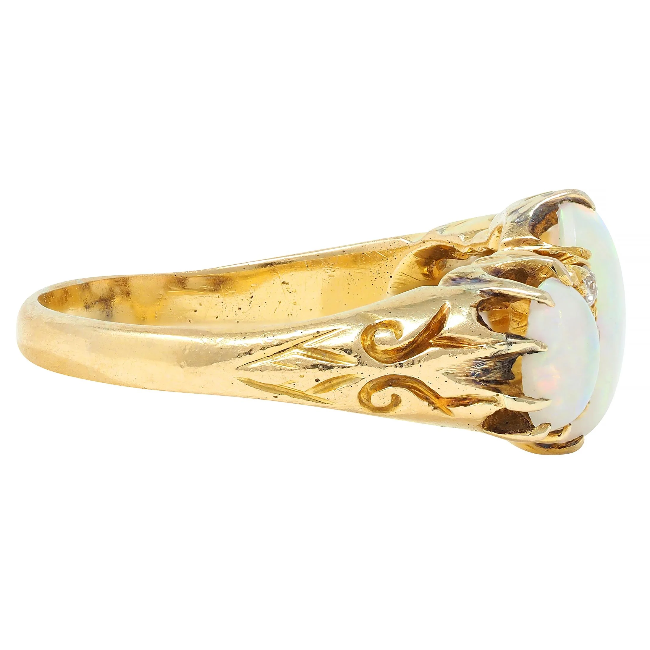Victorian Opal Diamond 18 Karat Yellow Gold Antique Scroll Band Ring - Image 4