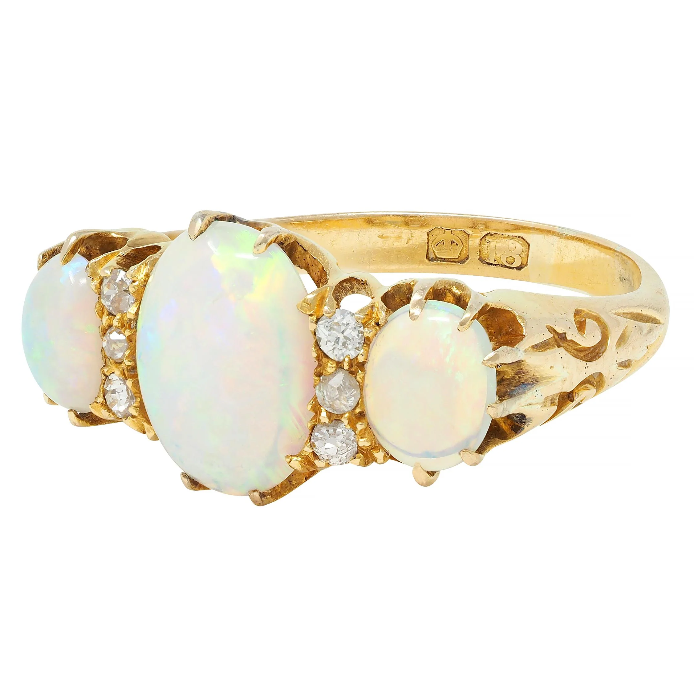 Victorian Opal Diamond 18 Karat Yellow Gold Antique Scroll Band Ring - Image 7