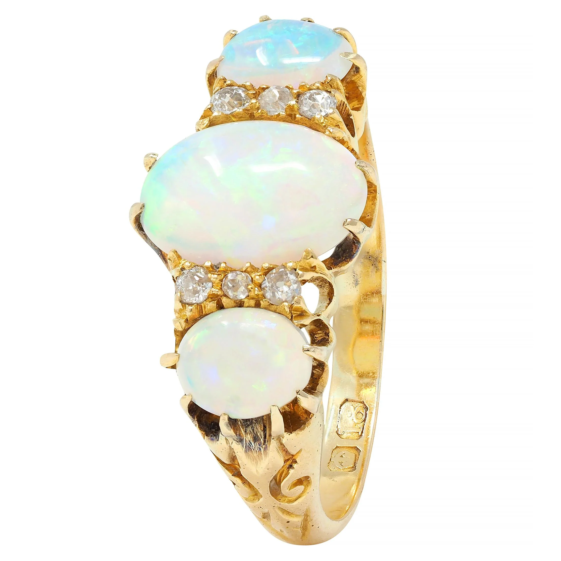 Victorian Opal Diamond 18 Karat Yellow Gold Antique Scroll Band Ring - Image 8