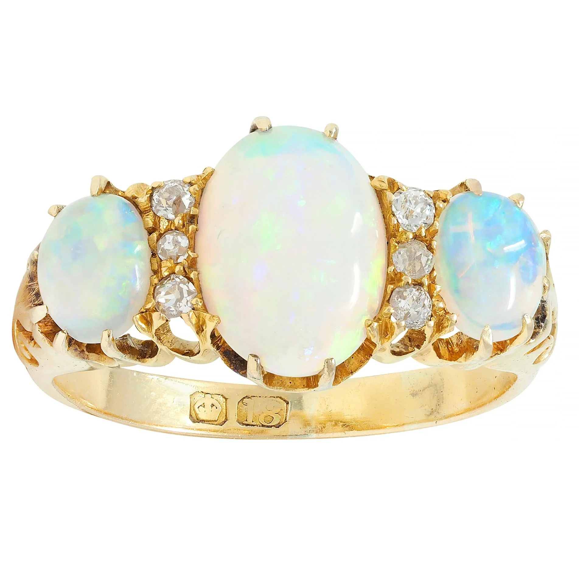 Victorian Opal Diamond 18 Karat Yellow Gold Antique Scroll Band Ring - Image 9